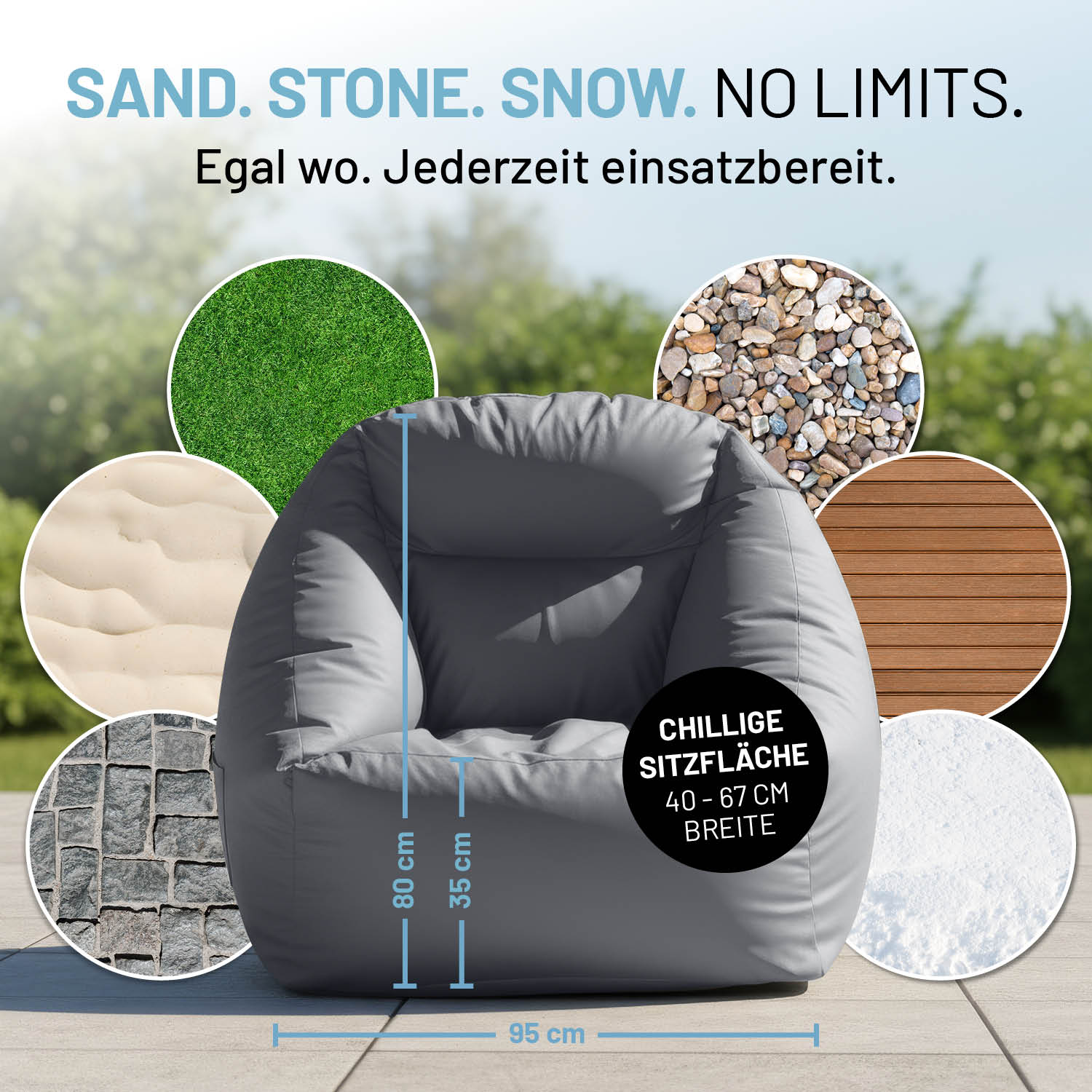 Grauer aufblasbarer Sessel vielseitig einsatzbereit auf Sand, Stein oder Rasen. Maßangaben: 95 cm breit, 80 cm hoch, mit chilliger Sitzfläche in Höhe von 35 cm und Breite von 40-67 cm.