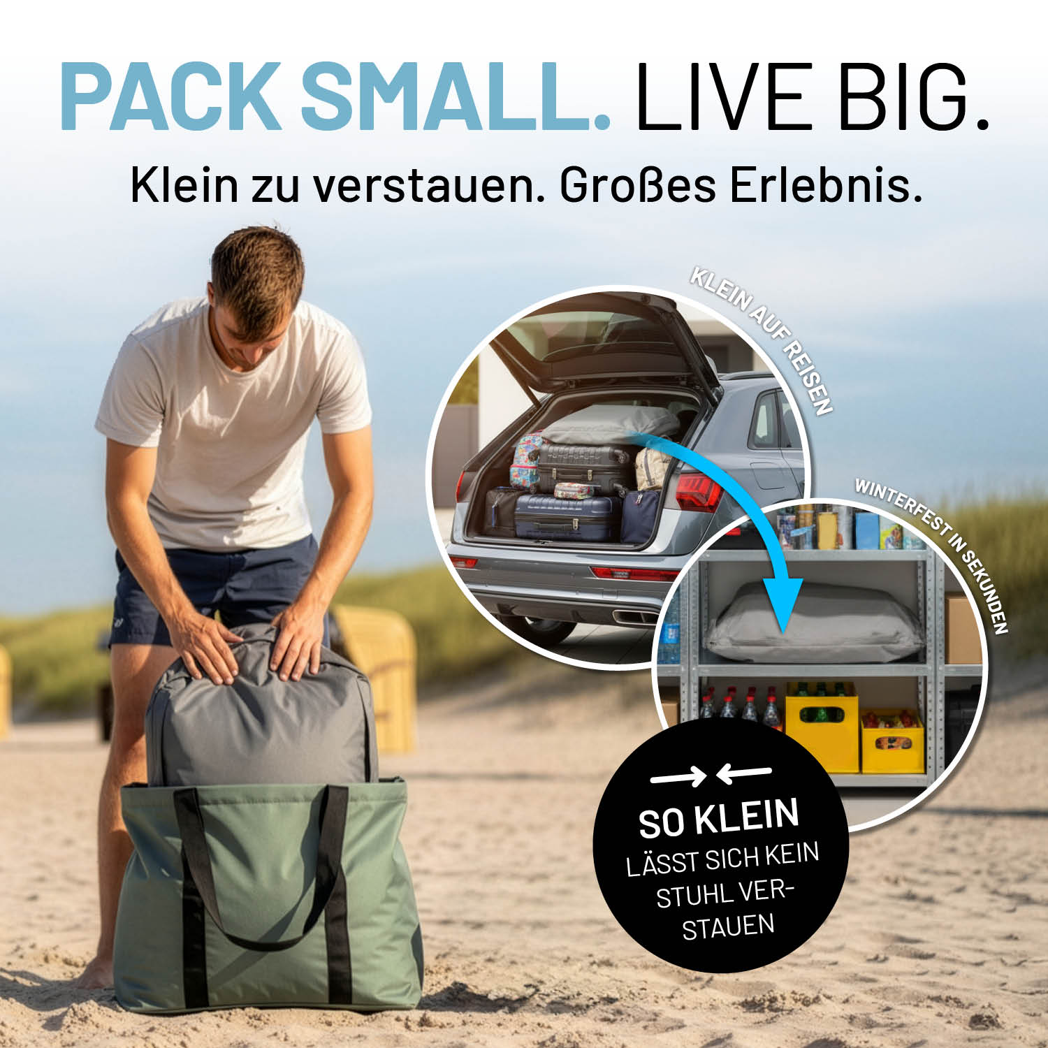 Mann packt aufblasbaren Sitzsack-Sessel in eine Tasche am Strand. Foto Eines Kofferaums "klein auf Reisen" und Regals "Winterfest in Sekunden" in dem der Sitzsack verstaut ist.