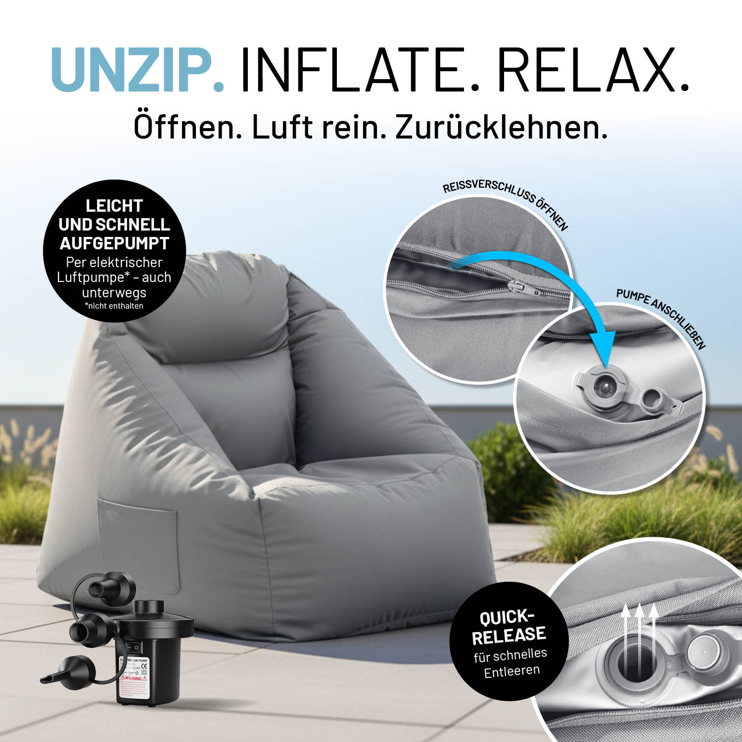 Grauer Luftsessel mit Reißverschluss und Ventil; per Pumpe leicht und schnell aufblasen. Icons zu "Quick-Release zum Entleeren".