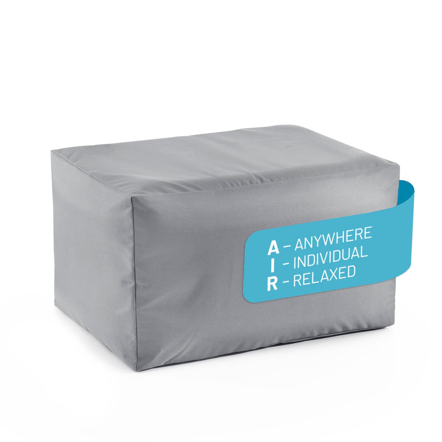 LUMALAND Crozy Air Hocker in Grau, aufblasbarer Lounge-Hocker vor weißem Hintergrund.