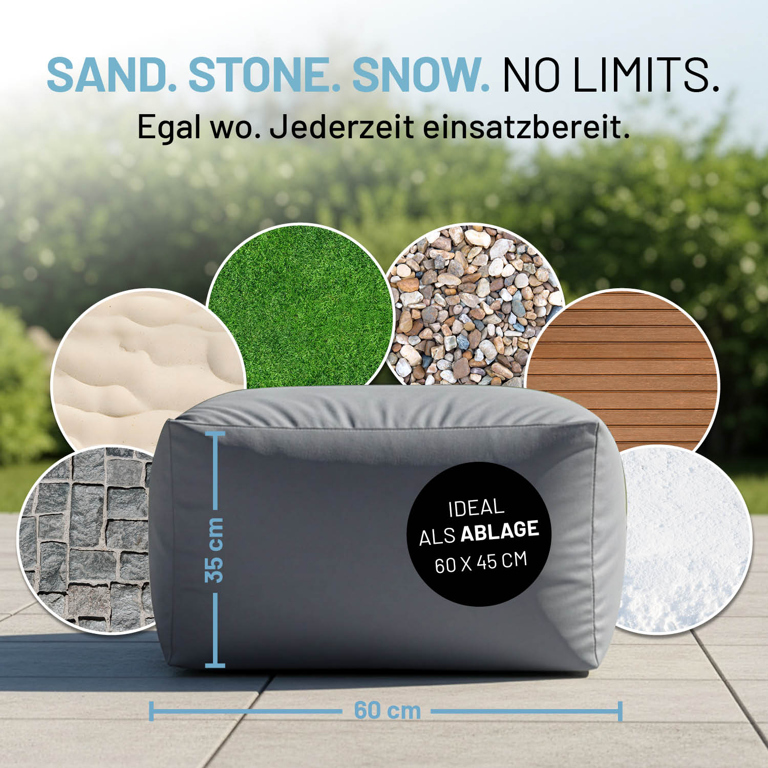 Grauer aufblasbarer Hocker vielseitig einsatzbereit auf Sand, Stein oder Rasen. Maßangaben: 60 cm breit, 35 cm hoch. Icon zu "Ideal als Ablage: 60 x 45 cm".