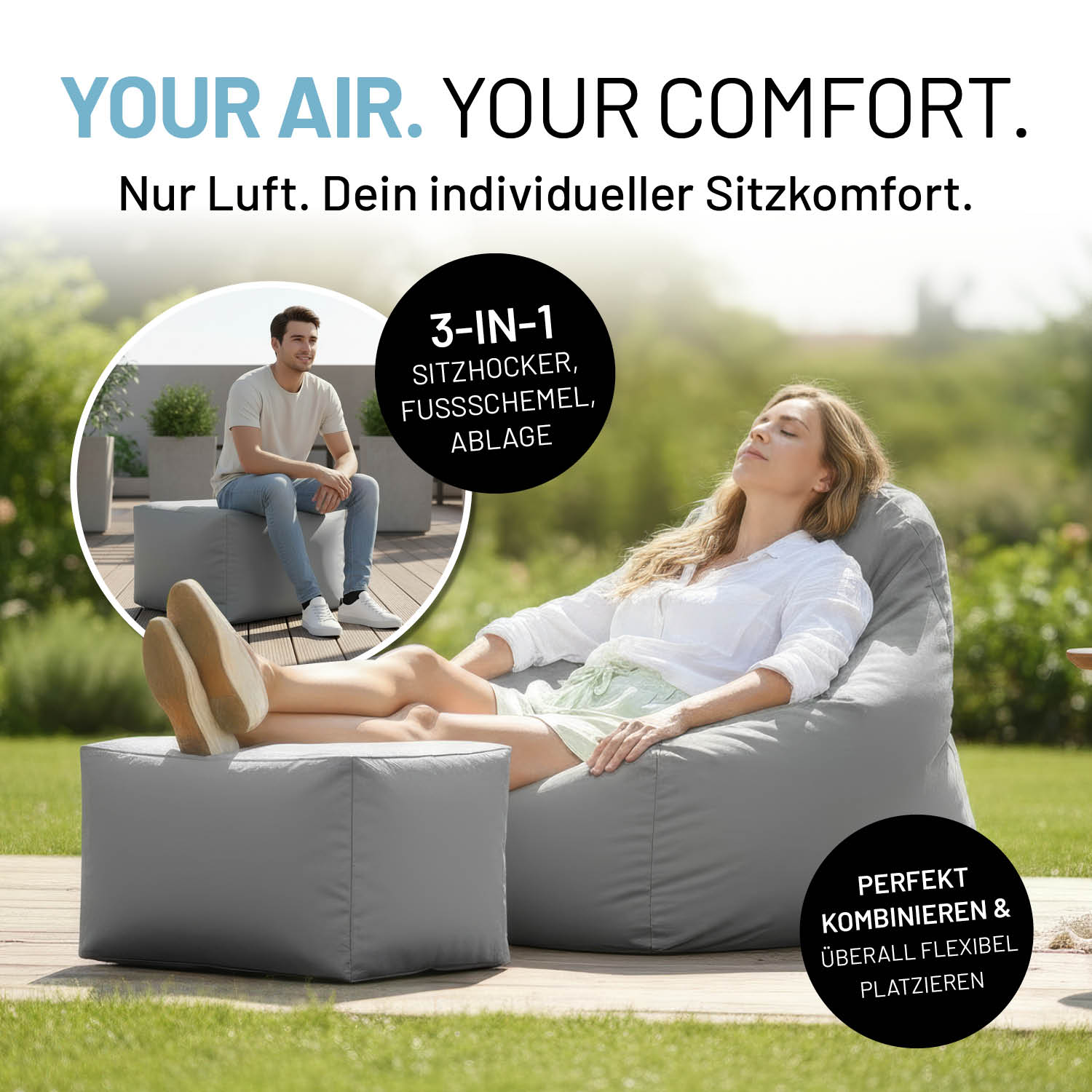 Eine Frau und ein Mann entspannen auf grauem Luftsessel bzw. Hocker im Garten.  Icons zu "3-in-1 - Sitzhocker, Fussschmel & Ablage" und "Perfekt Kombinierbar - Überall flexibel platzieren".