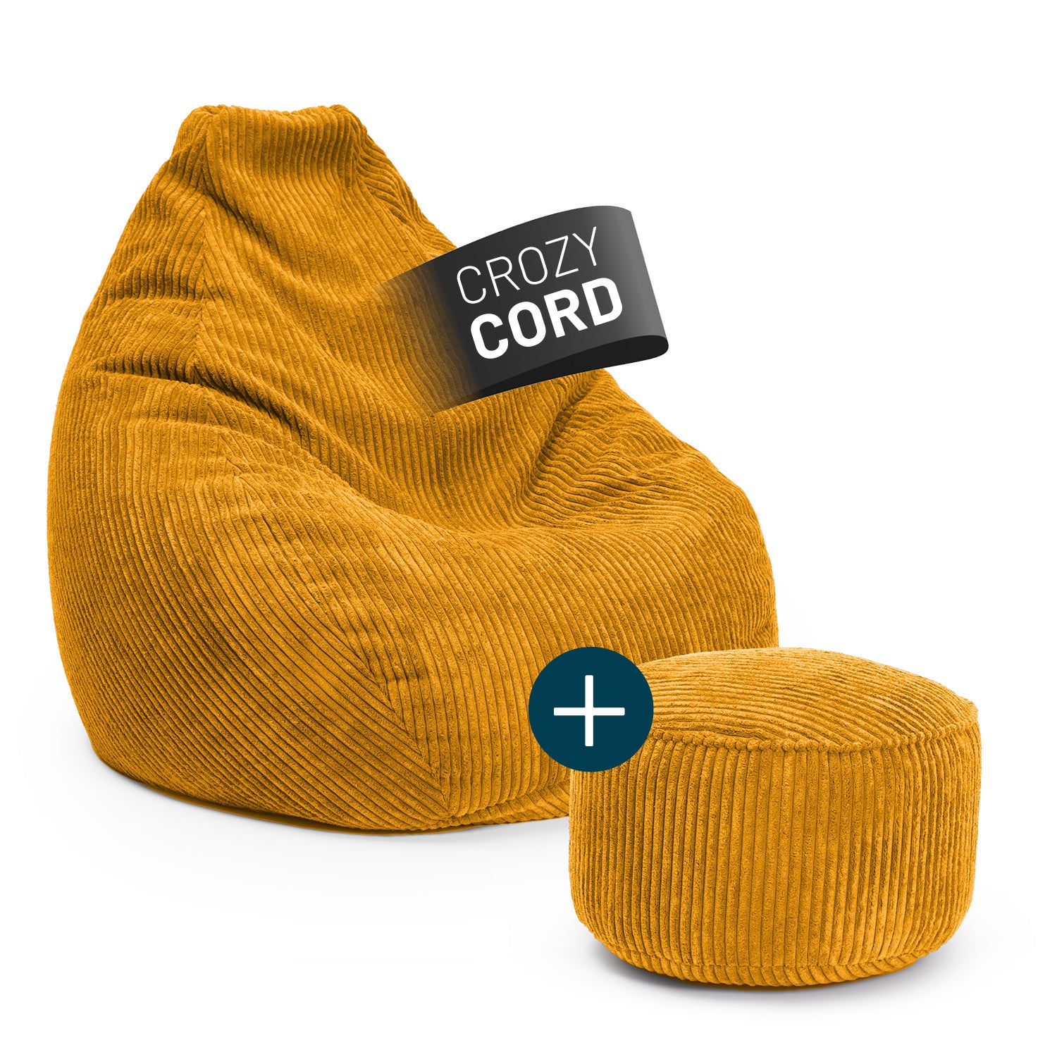 LUMALAND Relax Set Cord in Senfgelb bestehend aus GIANT Cord Sitzsack und Cord Pouf vor weißem Hintergrund mit Fahne "Crozy Cord".