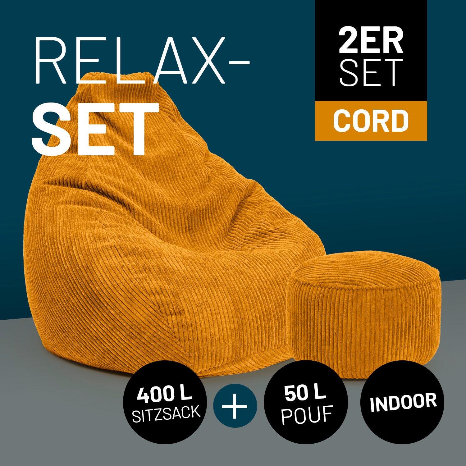 Das senfgelbe Relax Set bestehend aus Sitzsack und passenden Pouf in Cord. Icons "2er-Set Cord", "400 L Sitzsack" + "50 L Pouf" und "Indoor". 