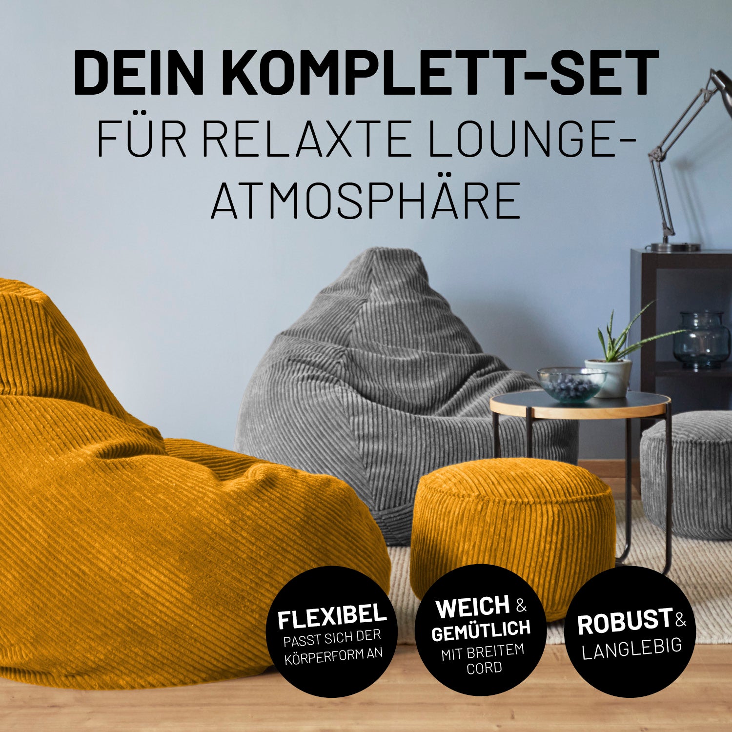Senfgelbes Sitzsack-Set aus Cordstoff in moderner Lounge. Icons mit "Flexibel - Passt sich der Körperform an", "Weich & Gemütlich" und "Robust & Langlebig."