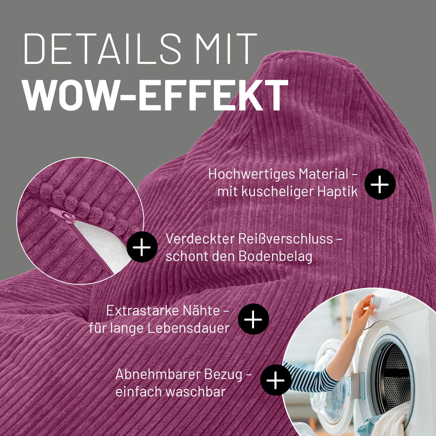 Weinroter Cord-Sitzsack im Detail mit Informationen zu "Verdeckter Reißverschluss", "Extrastarke Nähte" und "Waschbarer Bezug".