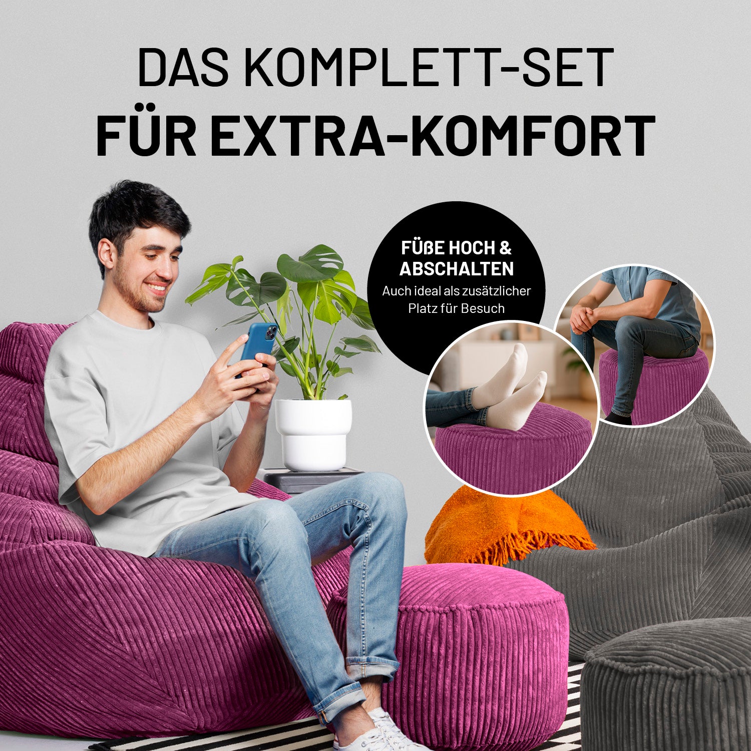 Ein Mann sitzt entspannt auf einem weinroten Cord-Sitzsack mit passendem Pouf. Text betont Komfort und Vielseitigkeit – ideal zum Füßehochlegen und Entspannen.