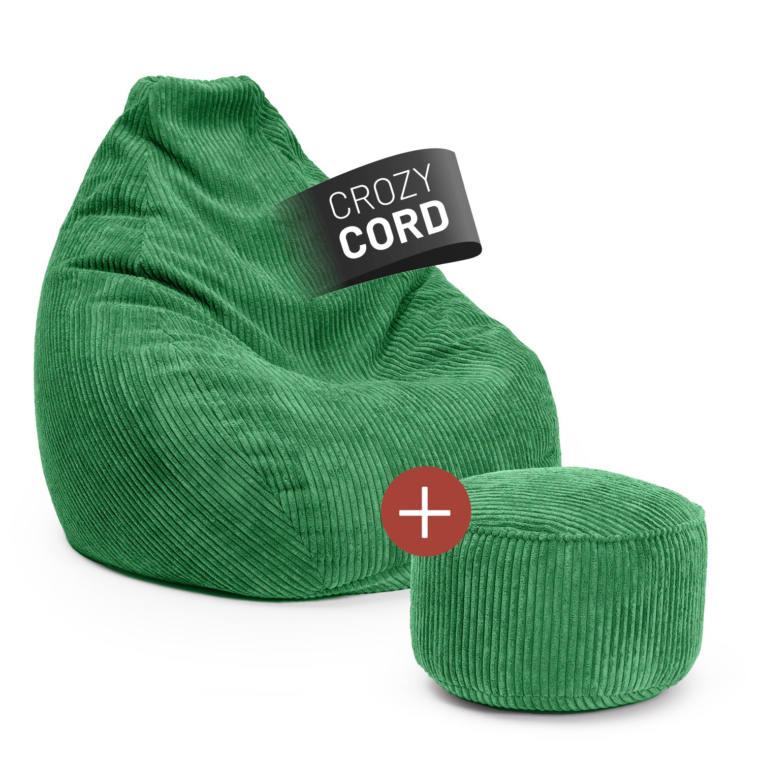 LUMALAND Relax Set Cord in Dunkelgrün bestehend aus GIANT Cord Sitzsack und Cord Pouf vor weißem Hintergrund mit Fahne "Crozy Cord".