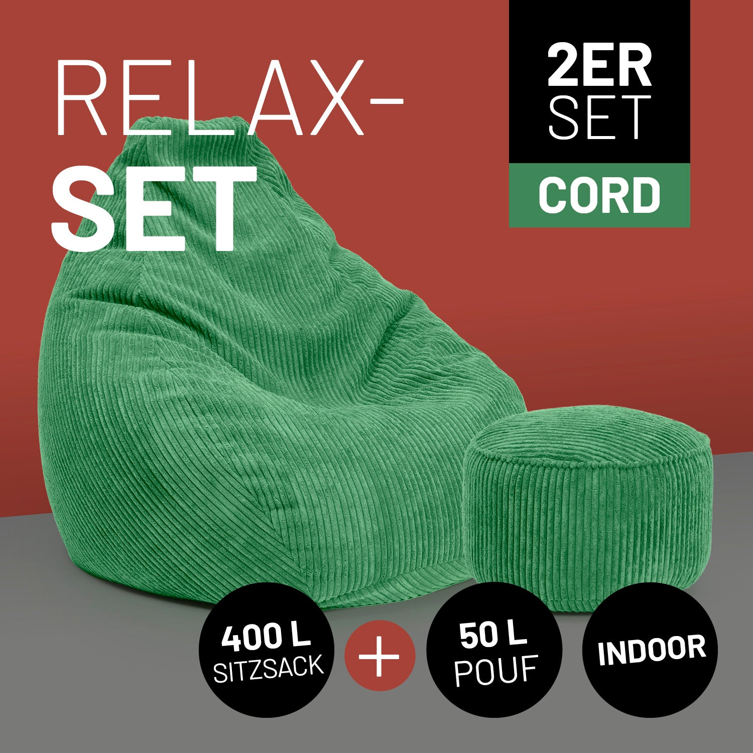 Das dunkelgrüne Relax Set bestehend aus Sitzsack und passenden Pouf in Cord. Icons "2er-Set Cord", "400 L Sitzsack" + "50 L Pouf" und "Indoor". 