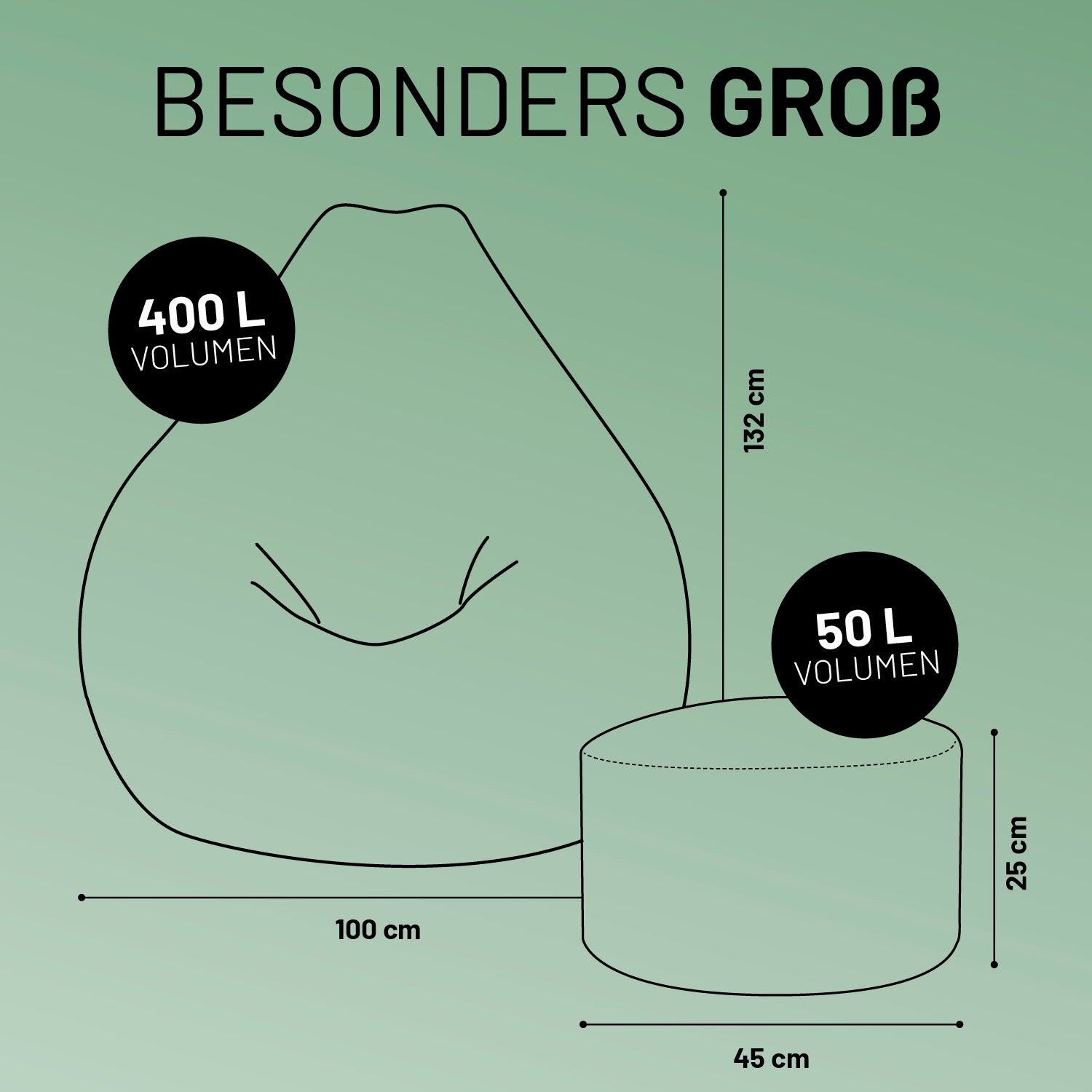 Illustrationen des GIANT Cord Sitzsackes und Pouf mit Maßangaben. GIANT Cord Sitzsack (400 L Volumen, 100 x 132 cm) und Cord Pouf (50 L Volumen, 45 x 25 cm).