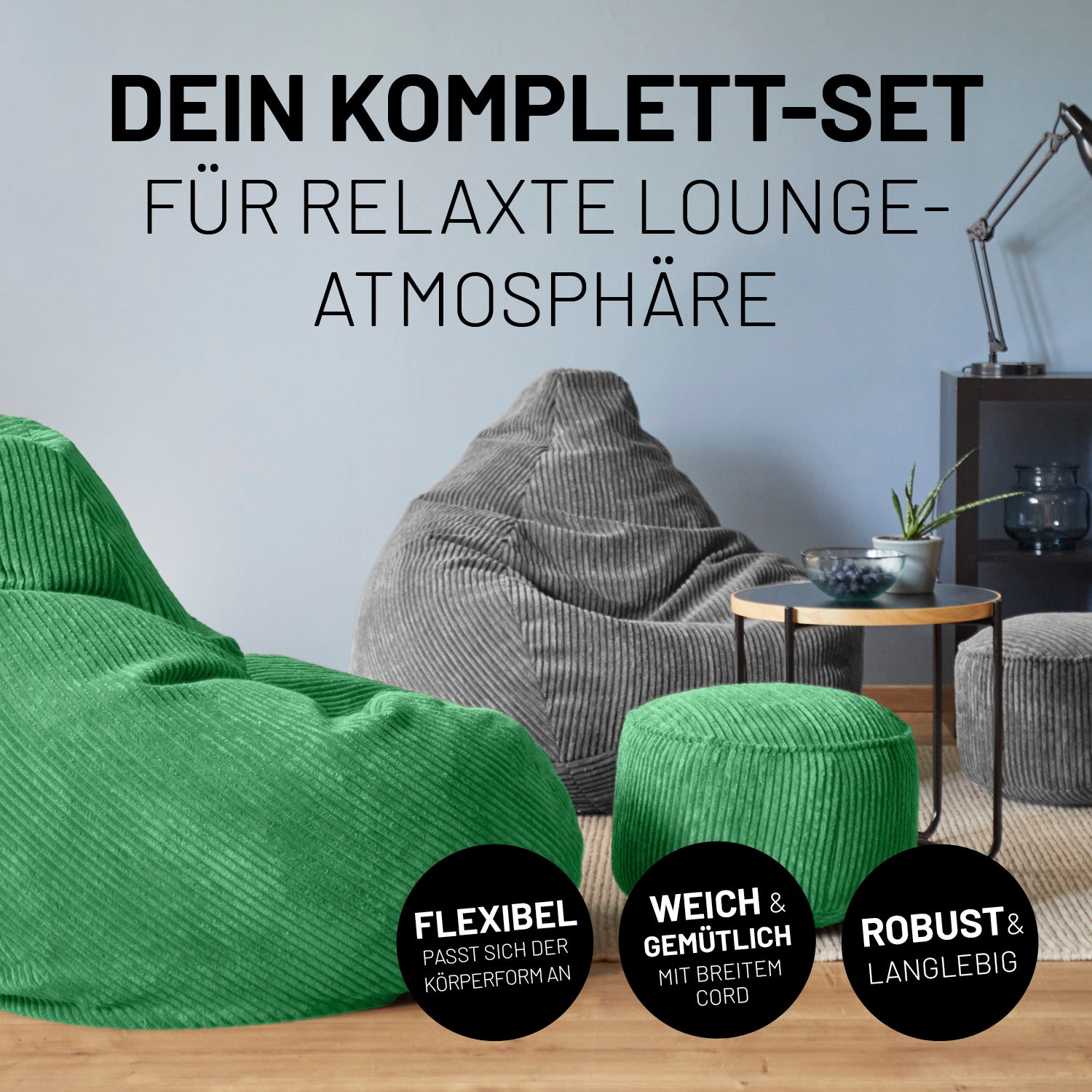 Dunkelgrünes Sitzsack-Set aus Cordstoff in moderner Lounge. Icons mit "Flexibel - Passt sich der Körperform an", "Weich & Gemütlich" und "Robust & Langlebig."