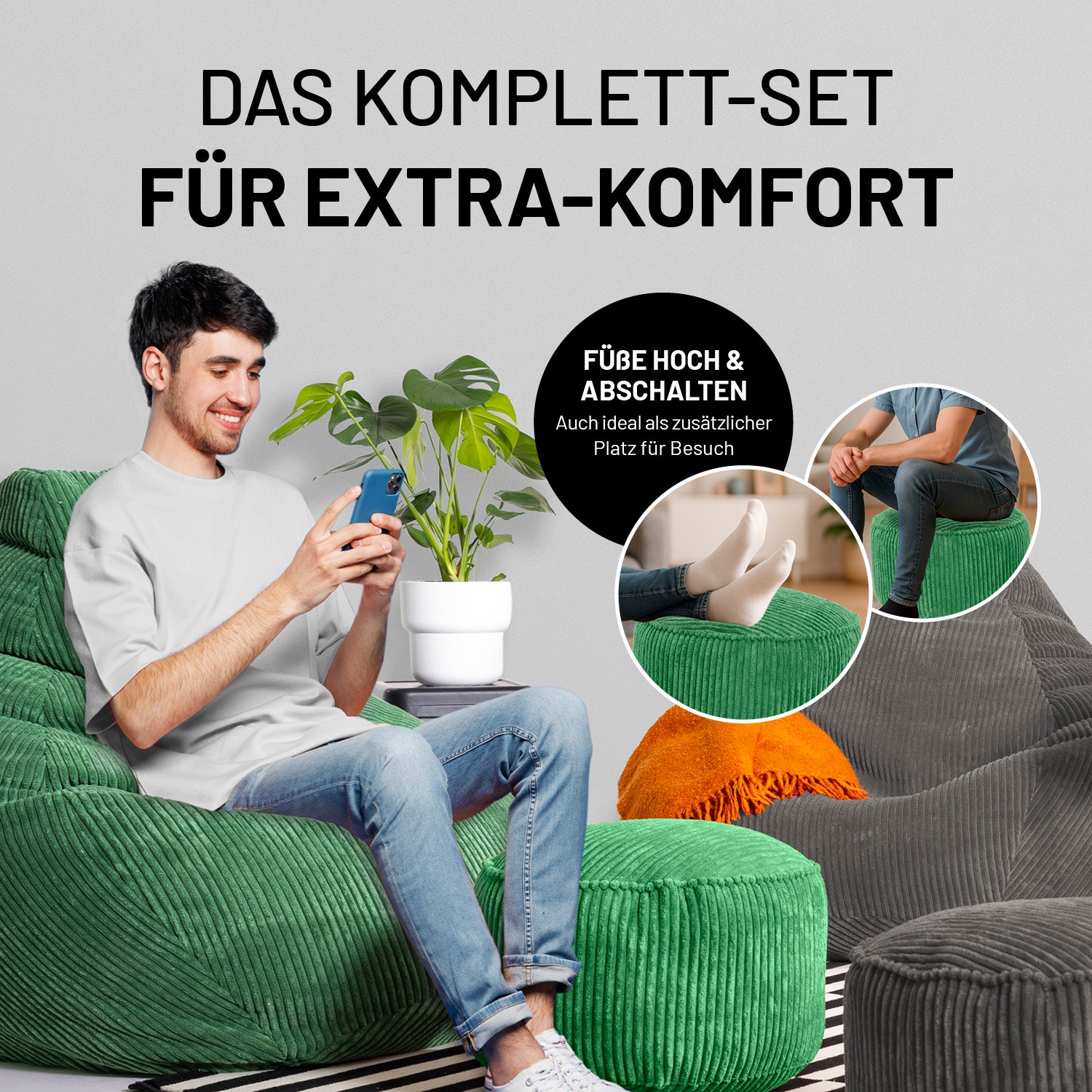 Ein Mann sitzt entspannt auf einem dunkelgrünen Cord-Sitzsack mit passendem Pouf. Text betont Komfort und Vielseitigkeit – ideal zum Füßehochlegen und Entspannen.