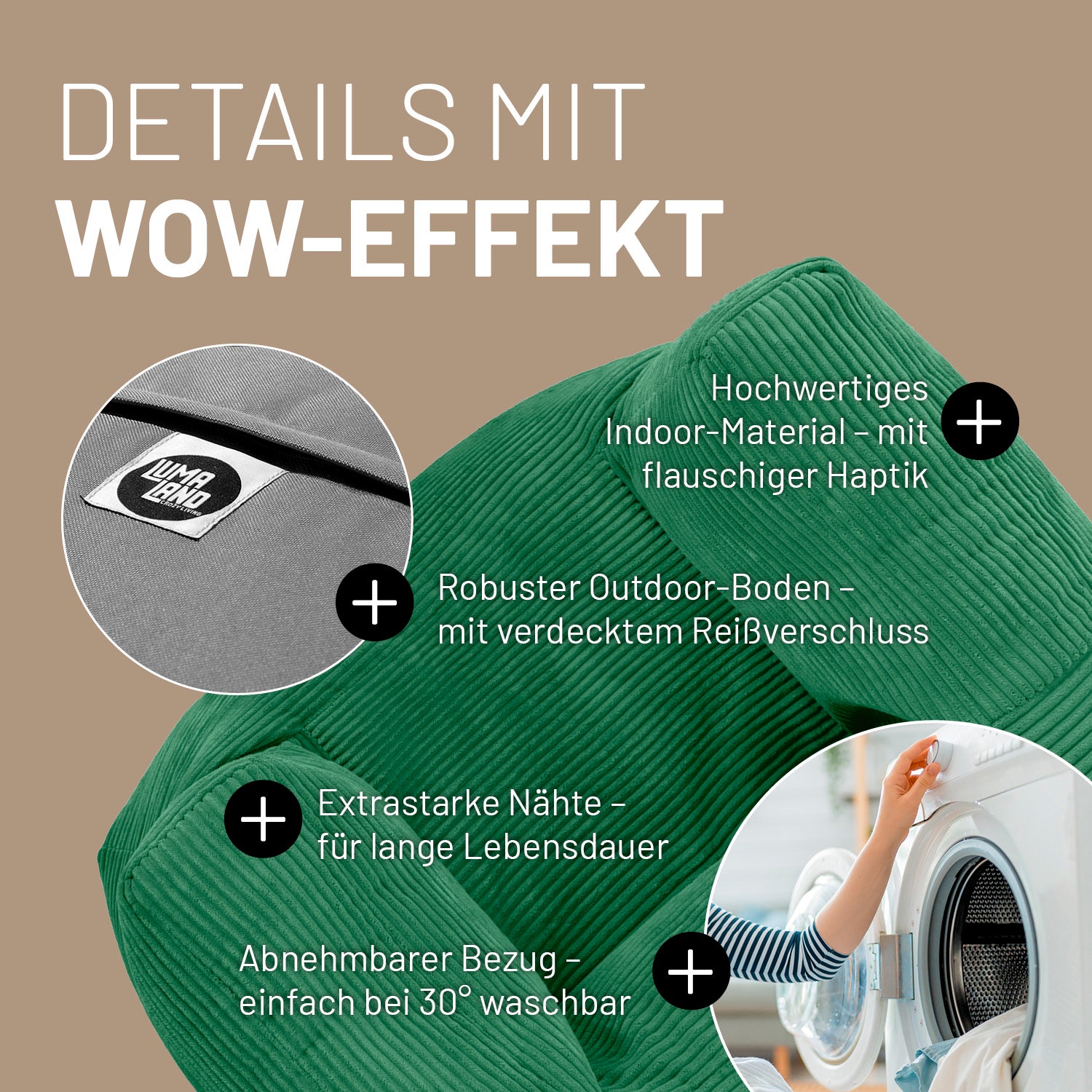 Modularer Sessel in Dunkelgrün mit Produktinformationen: Verdeckter Reißverschluss, robuste Unterseite, waschbarer Bezug und extrastarke Nähte.