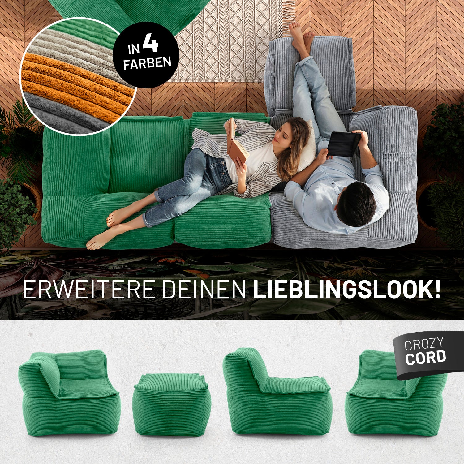 Frau mit Buch und Mann mit Tablet entspannen auf dem Cord-Sofa in einem modernen Wohnzimmer aus der Vogelperspektive - Darunter passende Produkte in anderen Shapes.