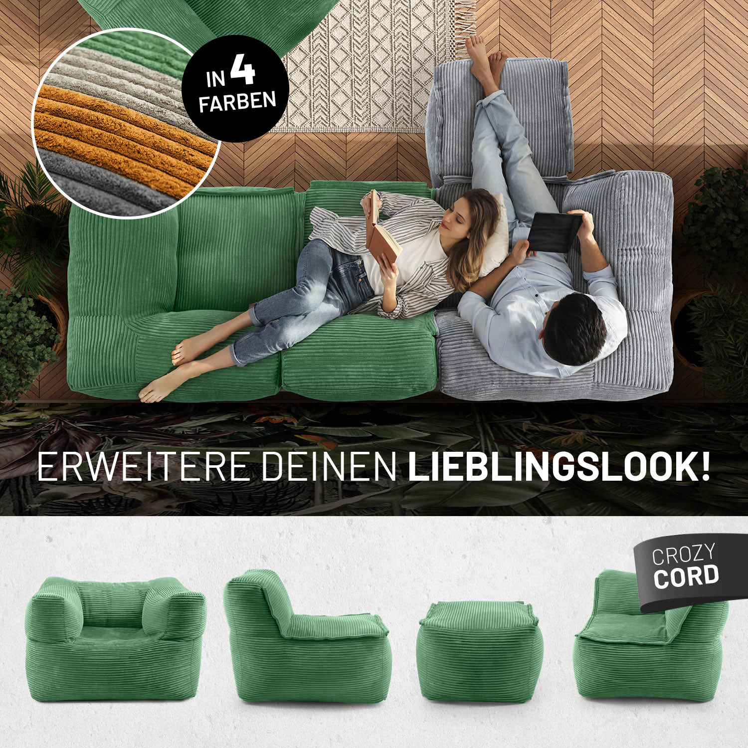 Frau mit Buch und Mann mit Tablet entspannen auf dem Cord-Sofa in einem modernen Wohnzimmer aus der Vogelperspektive - Darunter passende Produkte in anderen Shapes.