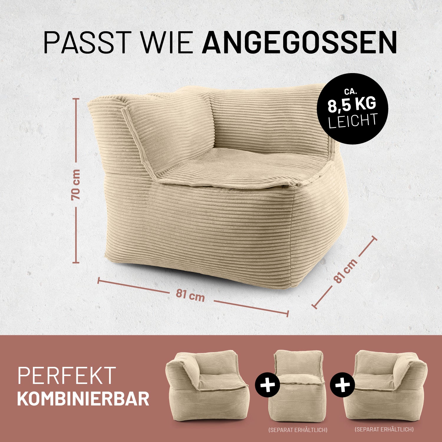 Beige, weich gepolsterte Ecke mit Maßen 81×81×70 cm Maßen und ca. 8,5 kg Gewicht, perfekt kombinierbar mit weiteren modularen Sitzelementen.