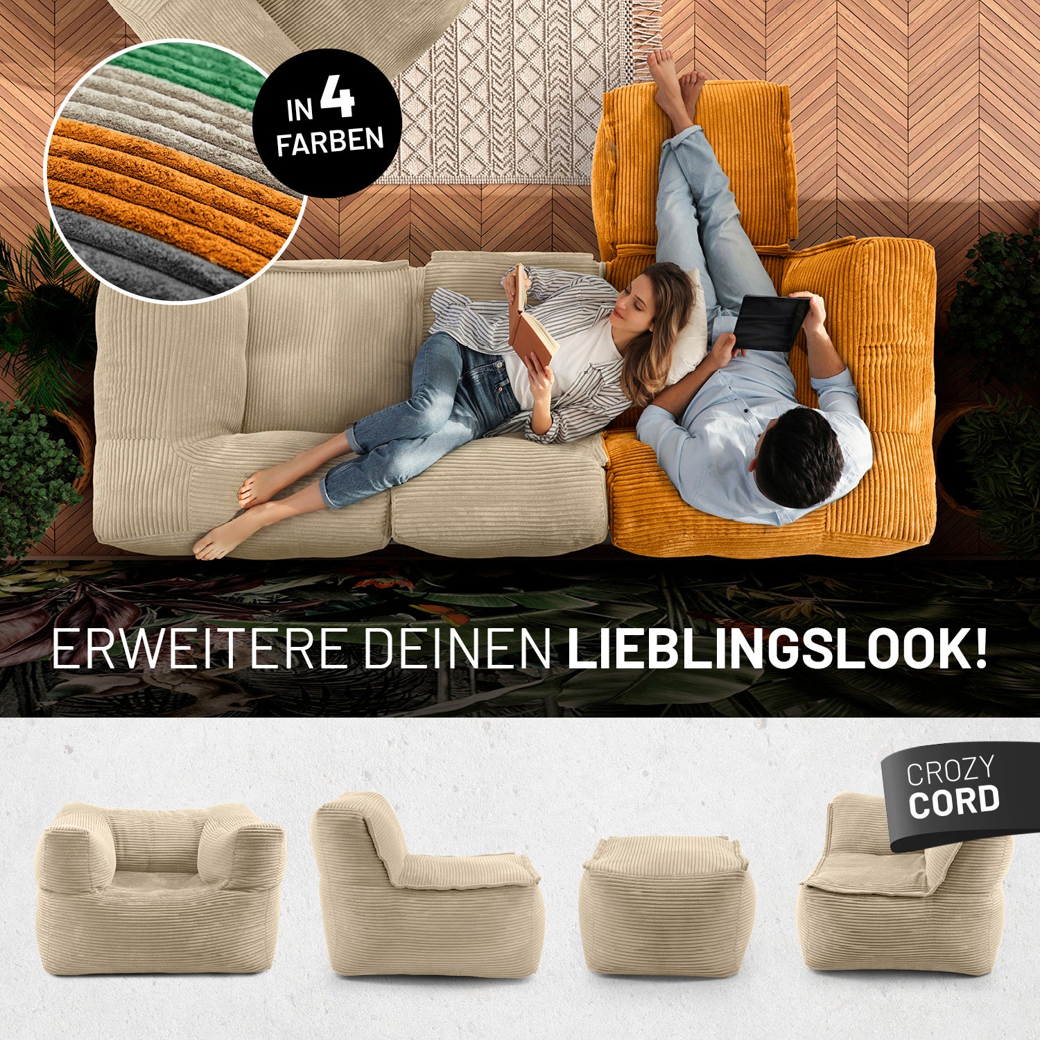 Frau mit Buch und Mann mit Tablet entspannen auf dem Cord-Sofa in einem modernen Wohnzimmer aus der Vogelperspektive - Darunter passende Produkte in anderen Shapes.