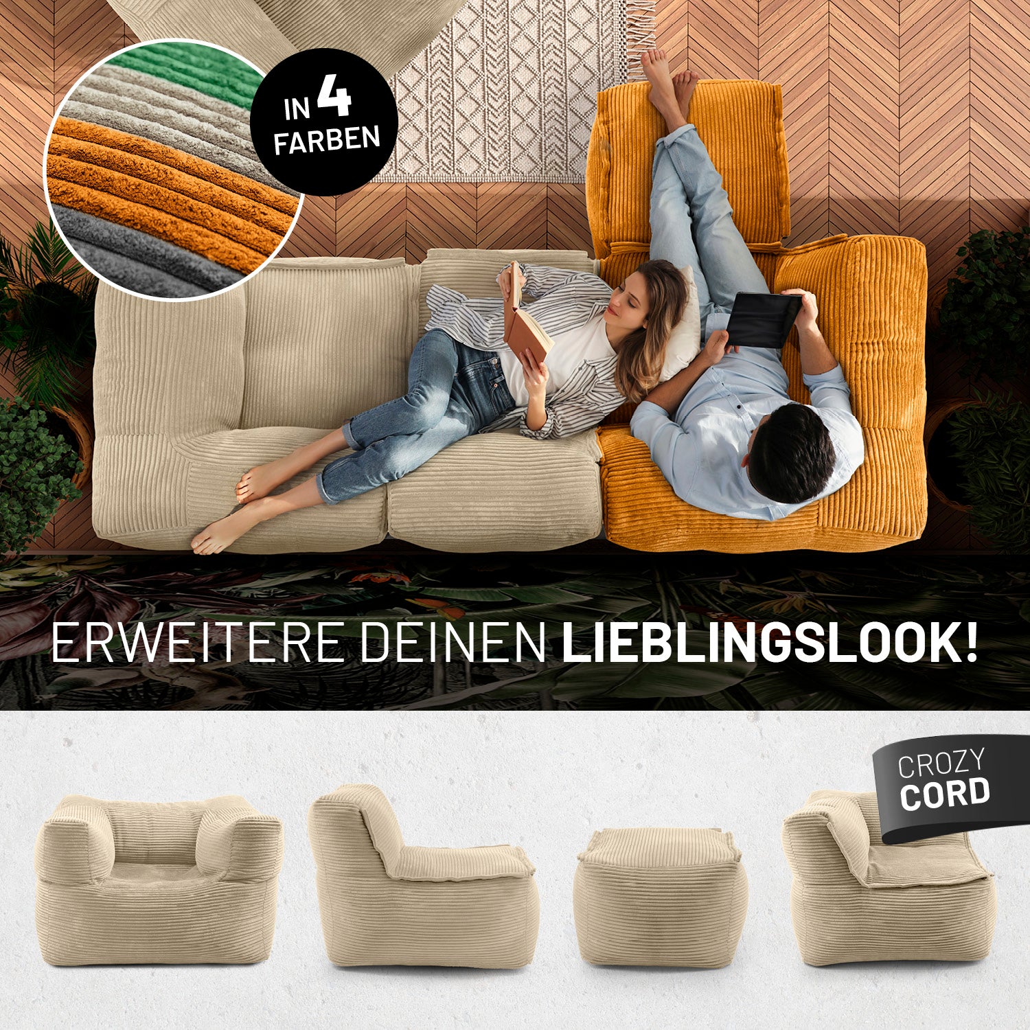 Frau mit Buch und Mann mit Tablet entspannen auf dem Cord-Sofa in einem modernen Wohnzimmer aus der Vogelperspektive - Darunter passende Produkte in anderen Shapes.