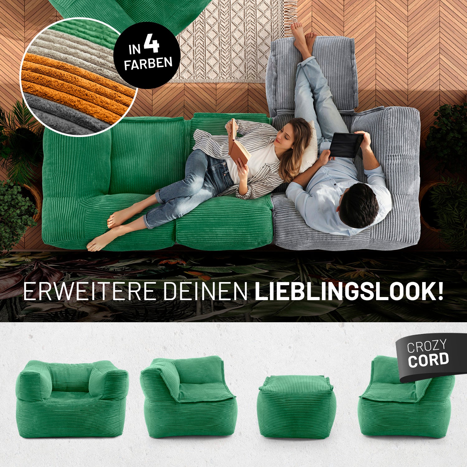 Frau mit Buch und Mann mit Tablet entspannen auf dem Cord-Sofa in einem modernen Wohnzimmer aus der Vogelperspektive - Darunter passende Produkte in anderen Shapes.