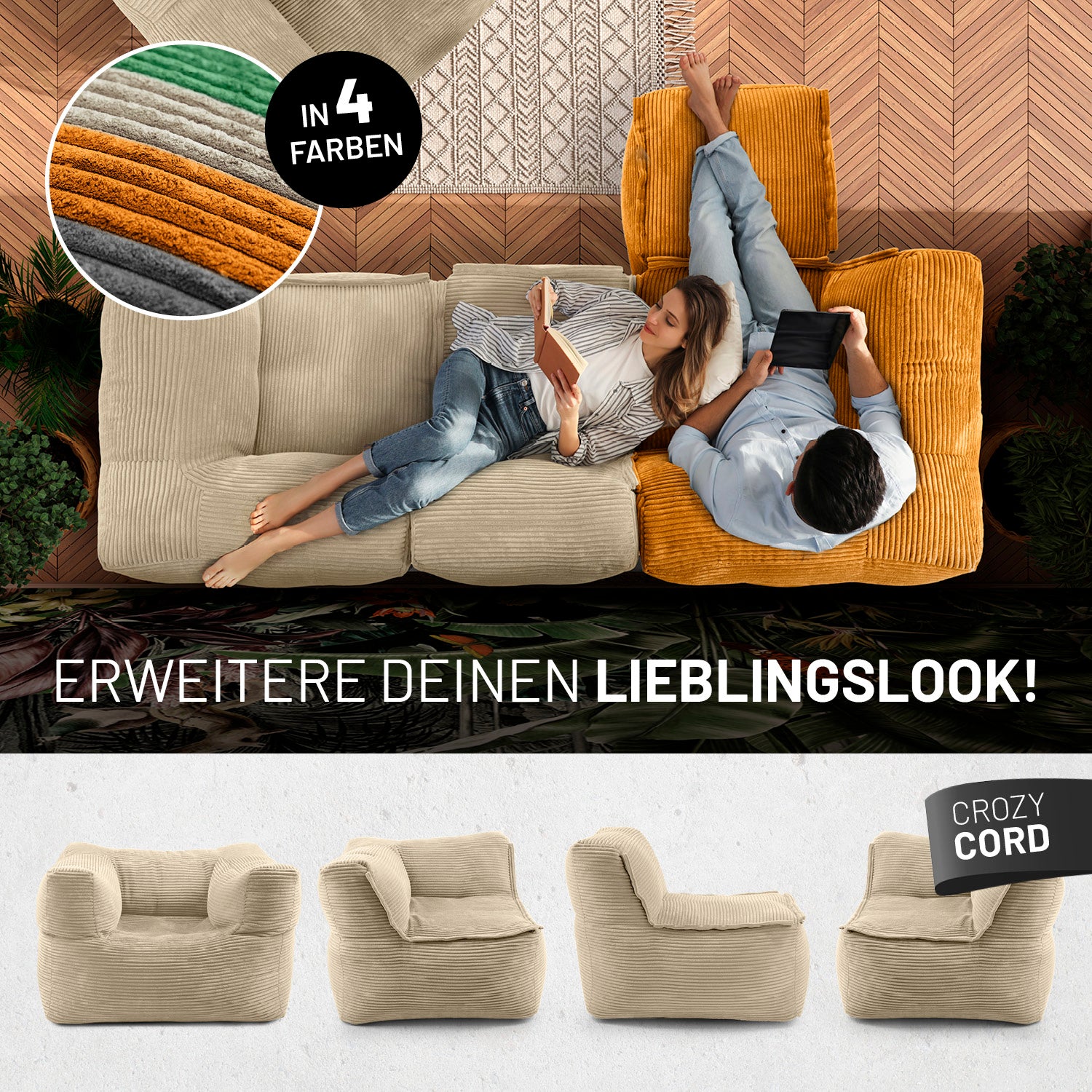 Frau mit Buch und Mann mit Tablet entspannen auf dem Cord-Sofa in einem modernen Wohnzimmer aus der Vogelperspektive - Darunter passende Produkte in anderen Shapes.