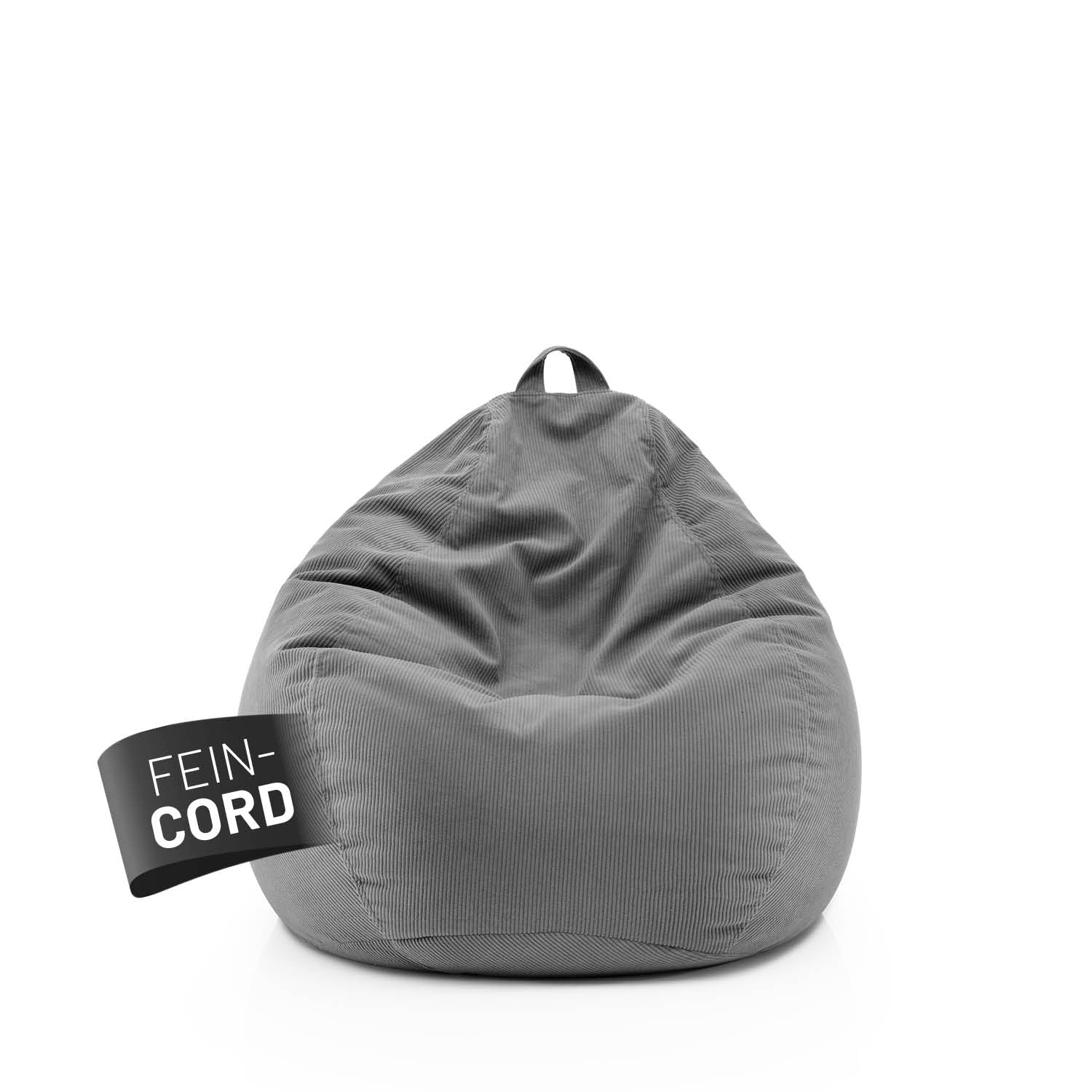 Grauer Comfort Line Sitzsack aus Feincord mit Trageschlaufe vor weißem Hintergrund, Label „Fein-Cord“ sichtbar auf der Vorderseite.