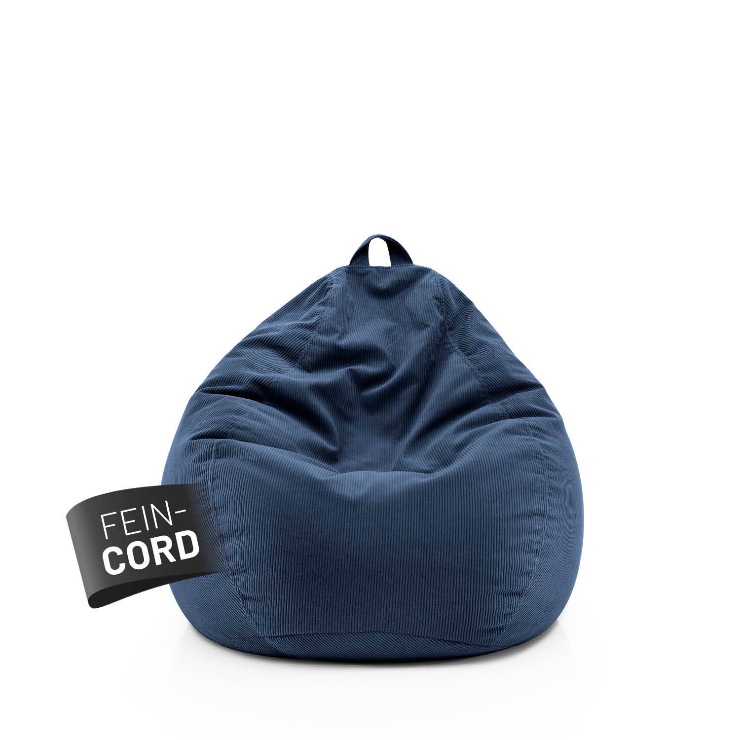 Dunkelblauer Comfort Line Sitzsack aus Feincord mit Trageschlaufe vor weißem Hintergrund, Label „Fein-Cord“ sichtbar auf der Vorderseite.