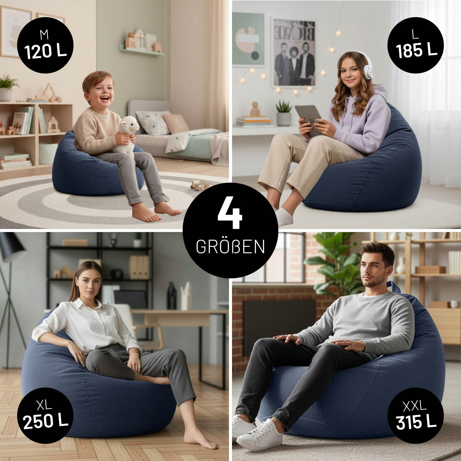 Vier Personen sitzen auf Feincord-Sitzsäcken in Dunkelblau in verschiedenen Größen: M (120 L), L (185 L), XL (250 L) und XXL (315 L).