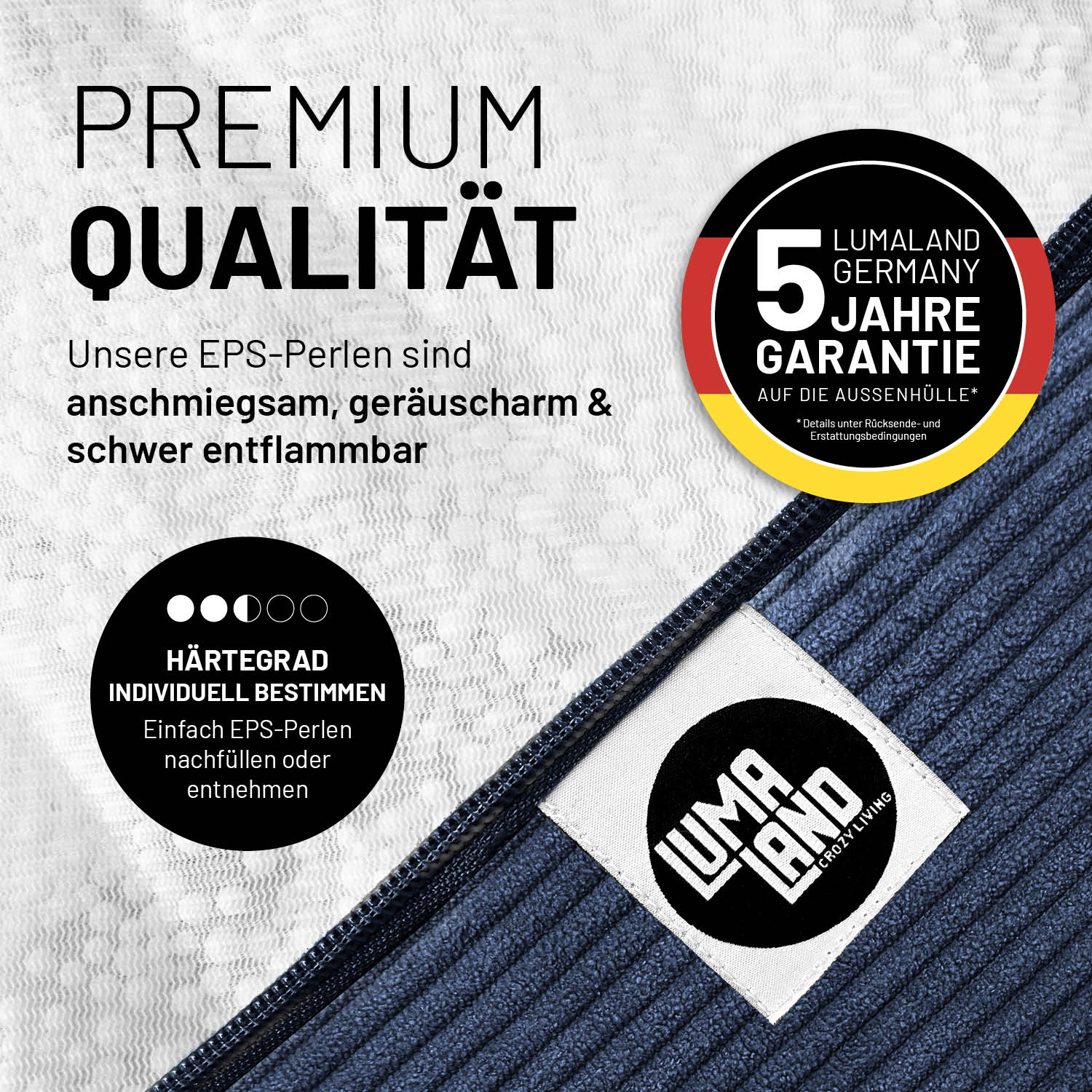 Detailansicht eines Feincord-Sitzsacks mit Reißverschluss und LUMALAND-Label. Hinweise zu EPS-Füllung, verstellbarem Härtegrad und 5 Jahre Garantie auf die Außenhülle.