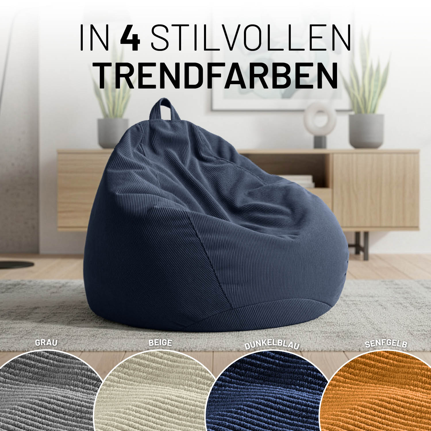 Dunkelblauer Feincord-Sitzsack mit Trageschlaufe im Wohnraum. Darstellung der verfügbaren Farben: Grau, Beige, Dunkelblau und Senfgelb.