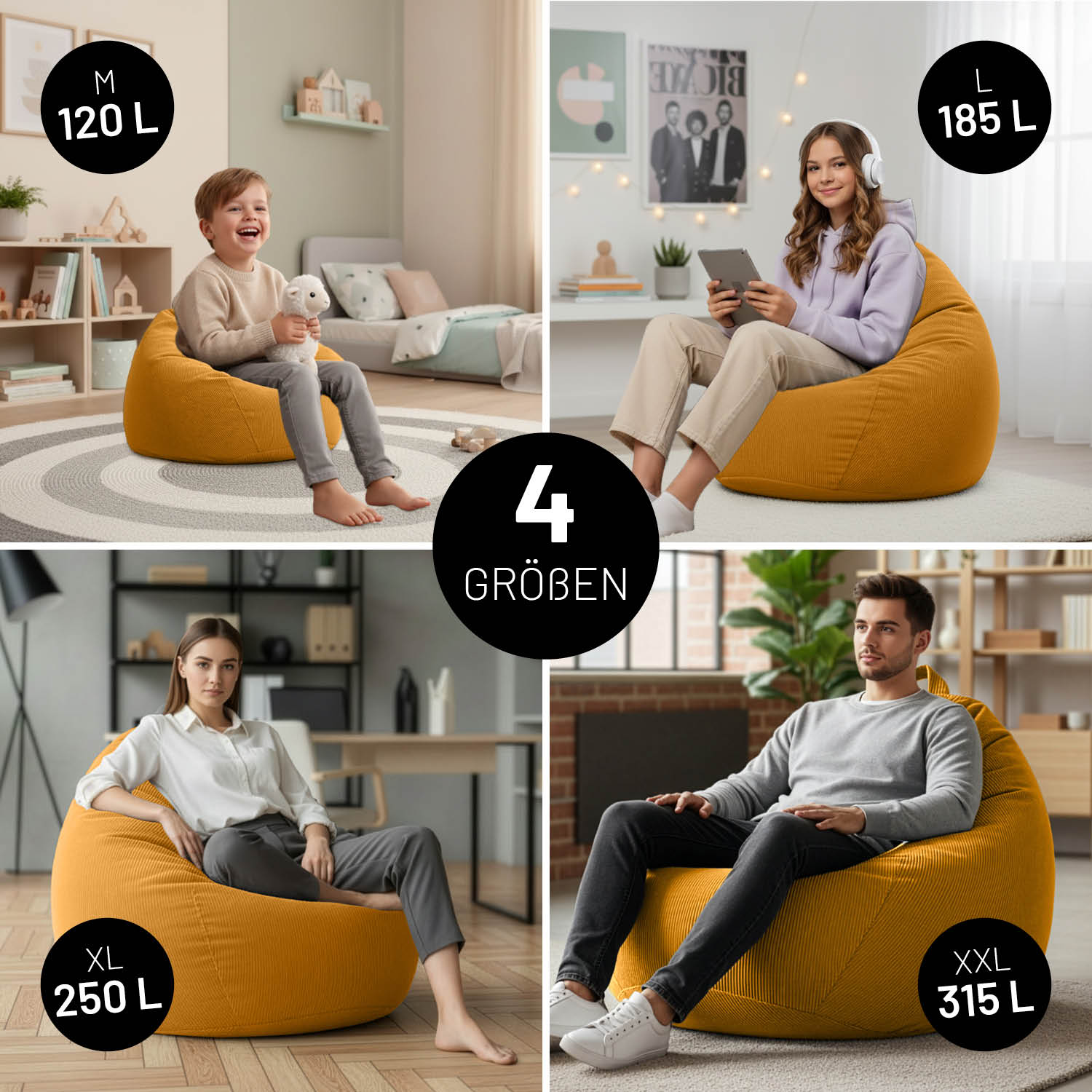 Vier Personen sitzen auf Feincord-Sitzsäcken in Senfgelb in verschiedenen Größen: M (120 L), L (185 L), XL (250 L) und XXL (315 L).