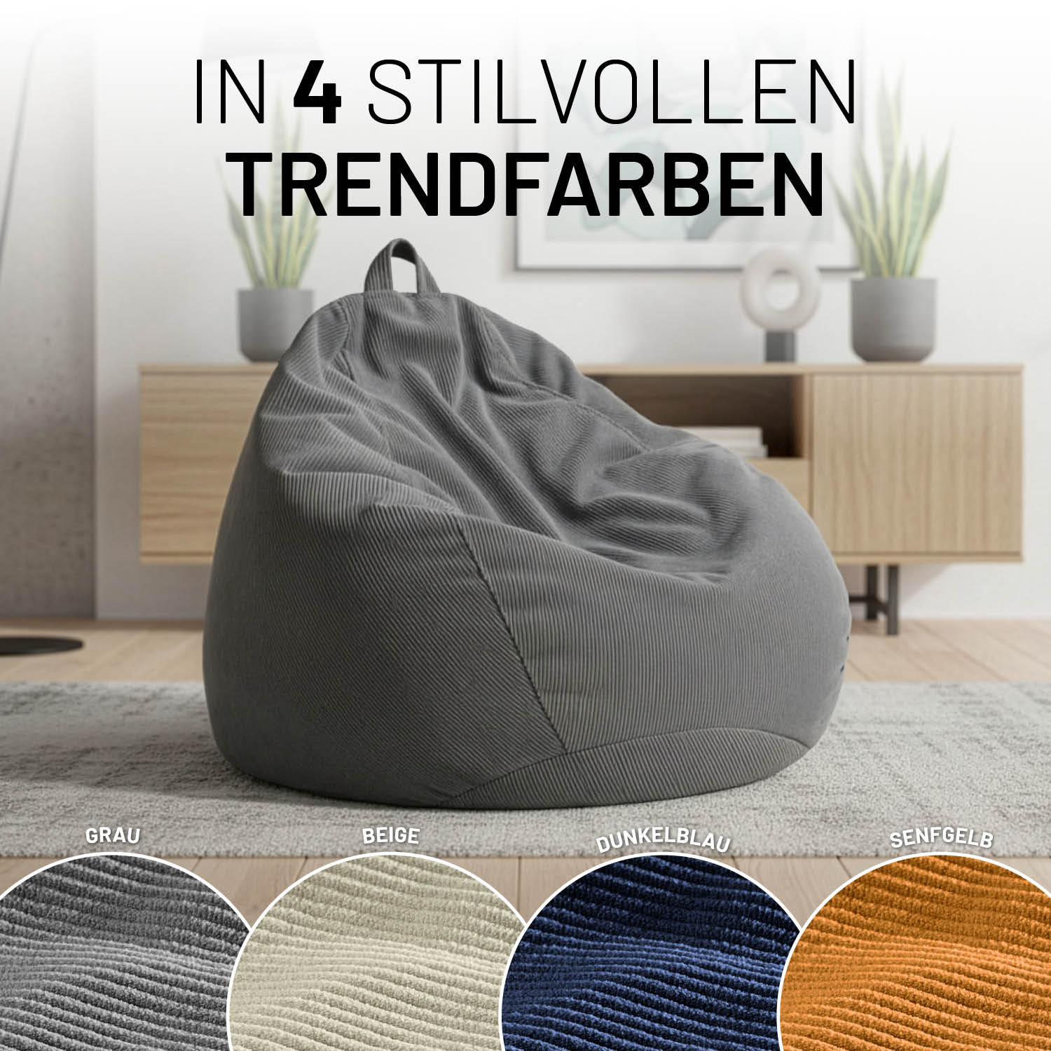Grauer Feincord-Sitzsack mit Trageschlaufe im Wohnraum. Darstellung der verfügbaren Farben: Grau, Beige, Dunkelblau und Senfgelb.