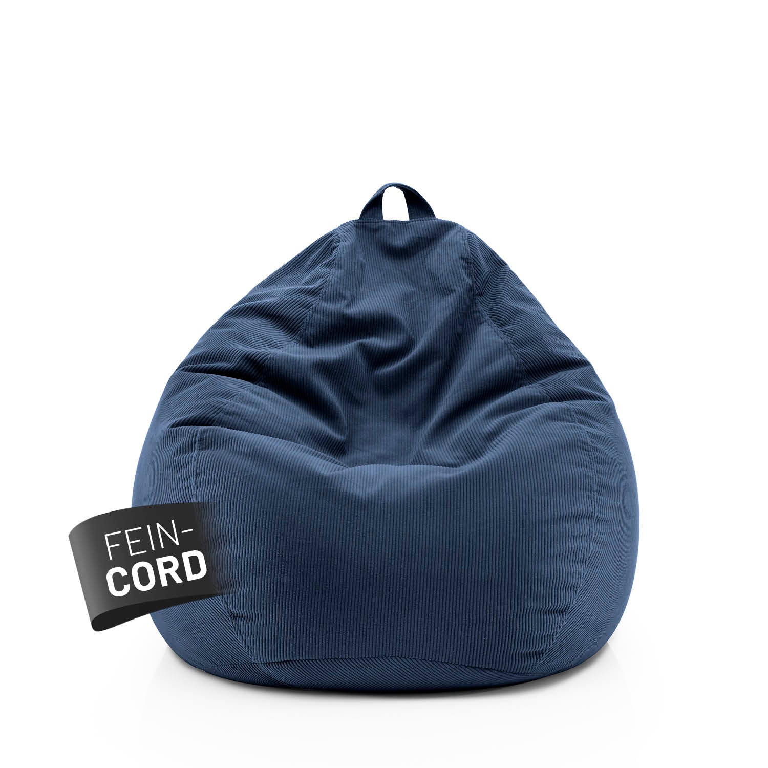 Dunkelblauer Comfort Line Sitzsack aus Feincord mit Trageschlaufe vor weißem Hintergrund, Label „Fein-Cord“ sichtbar auf der Vorderseite.