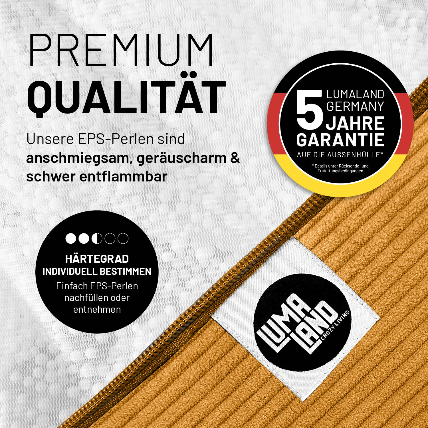 Detailansicht eines Feincord-Sitzsacks mit Reißverschluss und LUMALAND-Label. Hinweise zu EPS-Füllung, verstellbarem Härtegrad und 5 Jahre Garantie auf die Außenhülle.