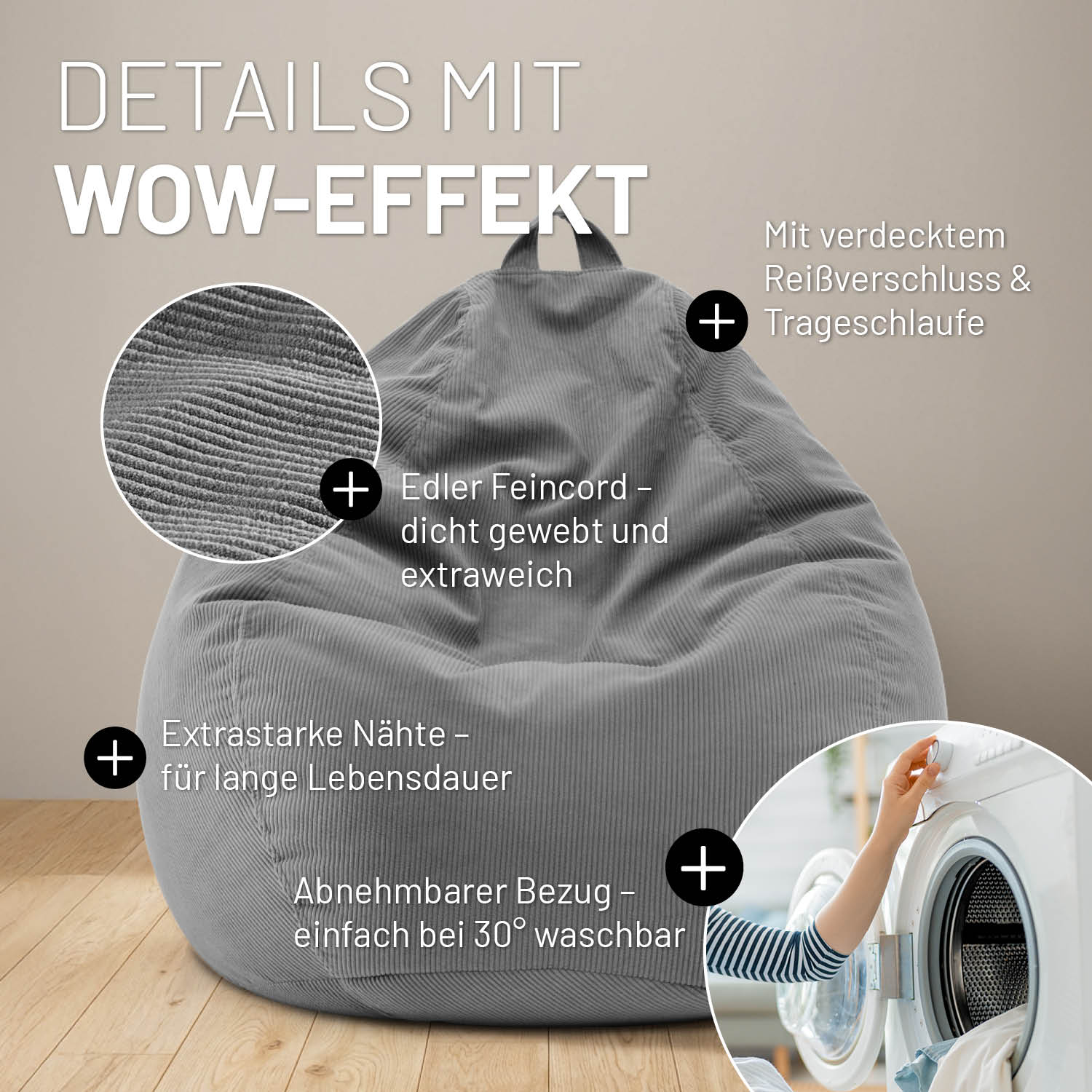Grauer Feincord-Sitzsack mit Detailhinweisen: "Dicht gewebt", "starke Nähte", "abnehmbarer waschbarer Bezug", "verdeckter Reißverschluss" und "Trageschlaufe".