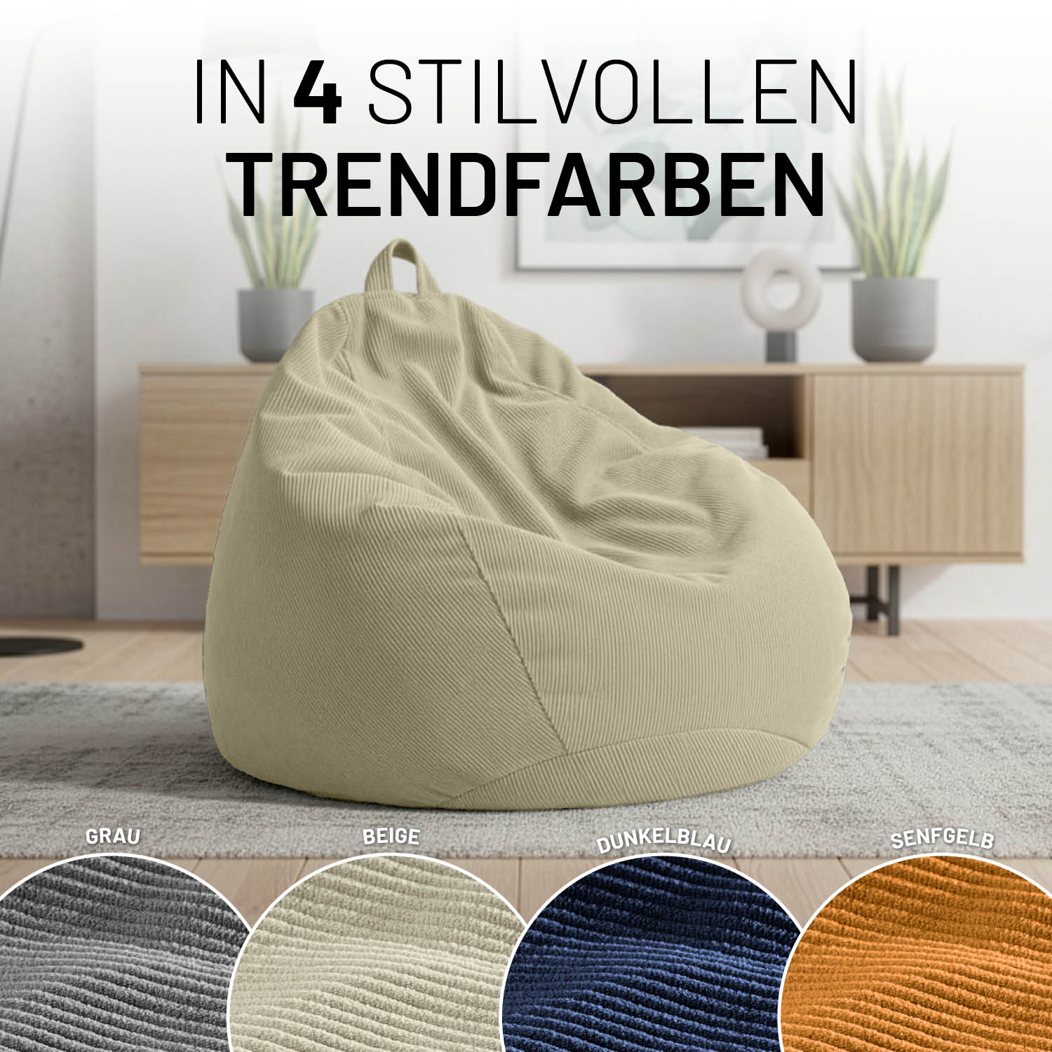 Beiger Feincord-Sitzsack mit Trageschlaufe im Wohnraum. Darstellung der verfügbaren Farben: Grau, Beige, Dunkelblau und Senfgelb.