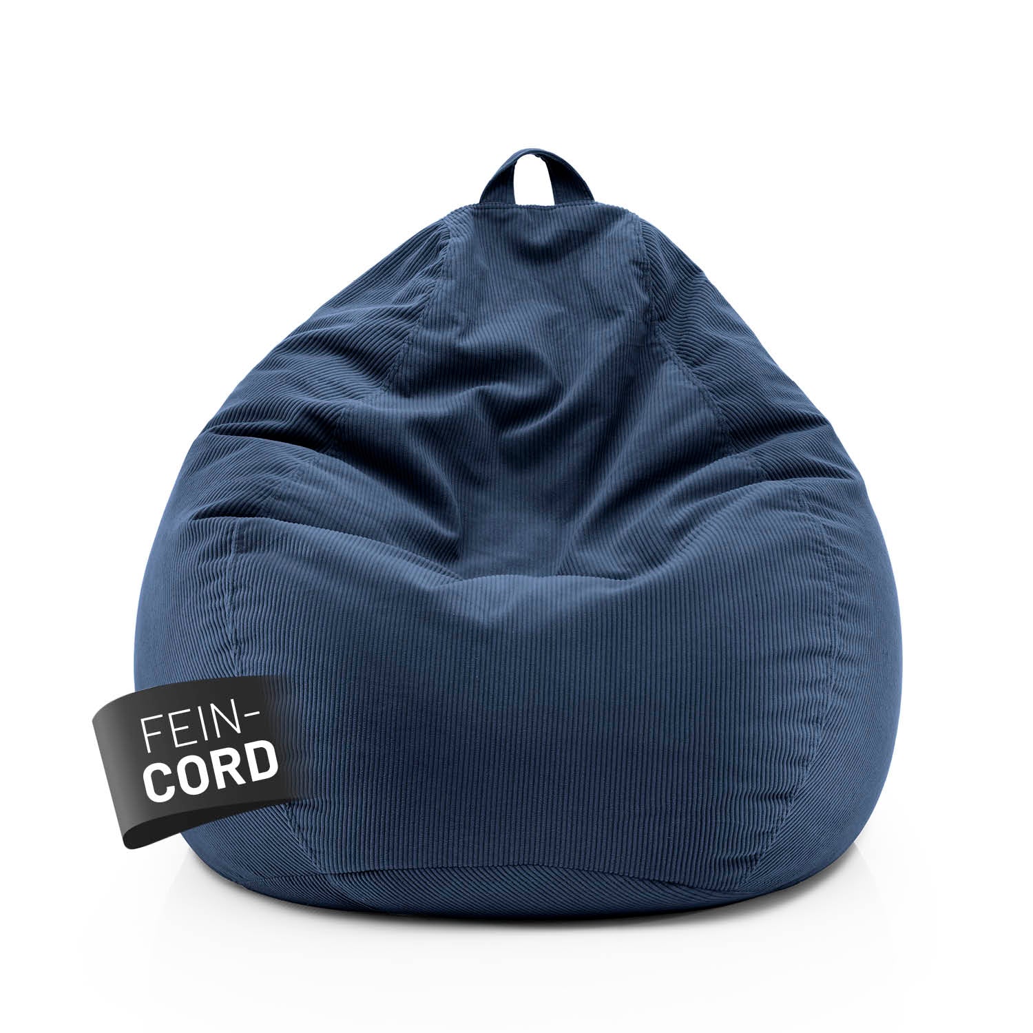 Dunkelblauer Comfort Line Sitzsack aus Feincord mit Trageschlaufe vor weißem Hintergrund, Label „Fein-Cord“ sichtbar auf der Vorderseite.