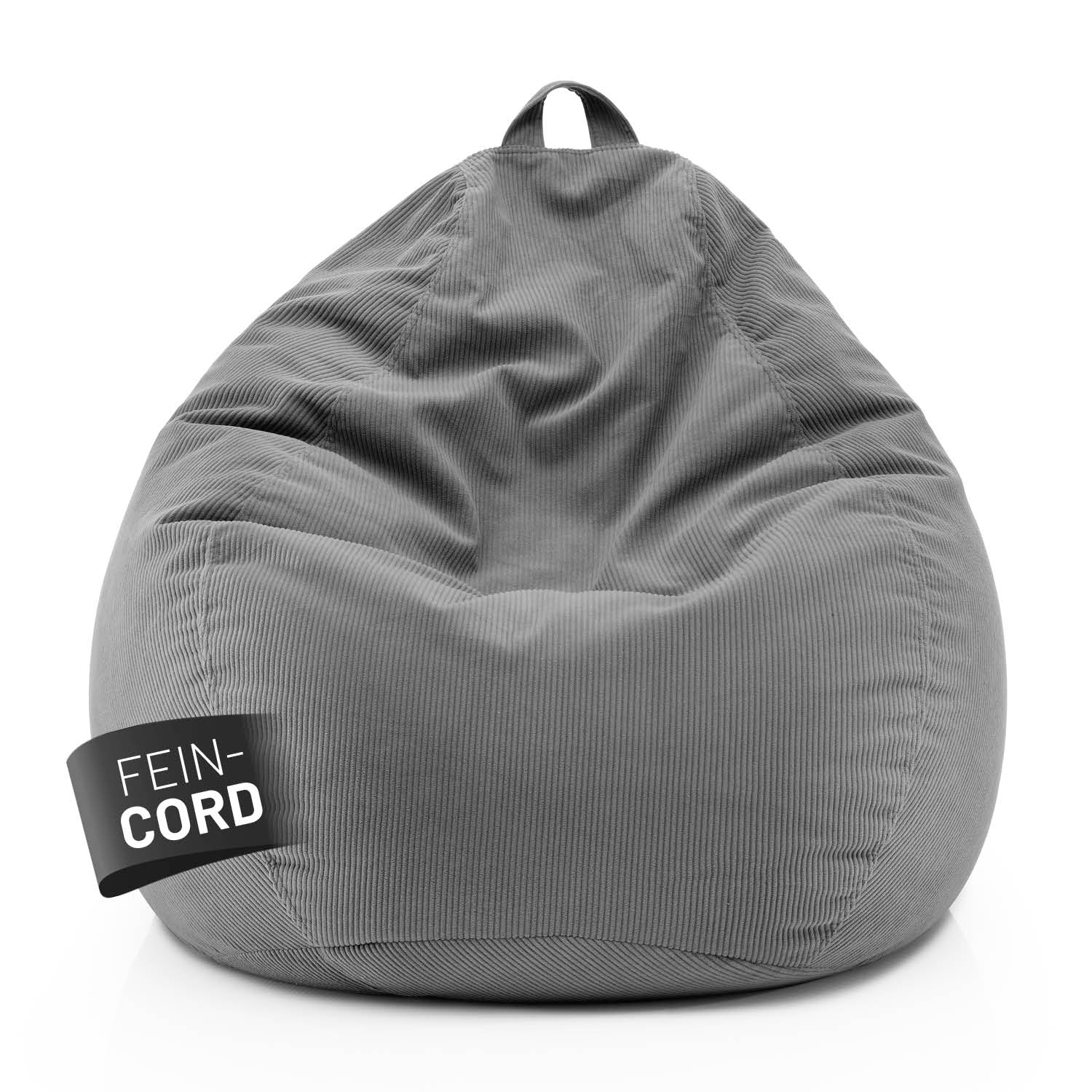 Grauer Comfort Line Sitzsack aus Feincord mit Trageschlaufe vor weißem Hintergrund, Label „Fein-Cord“ sichtbar auf der Vorderseite.