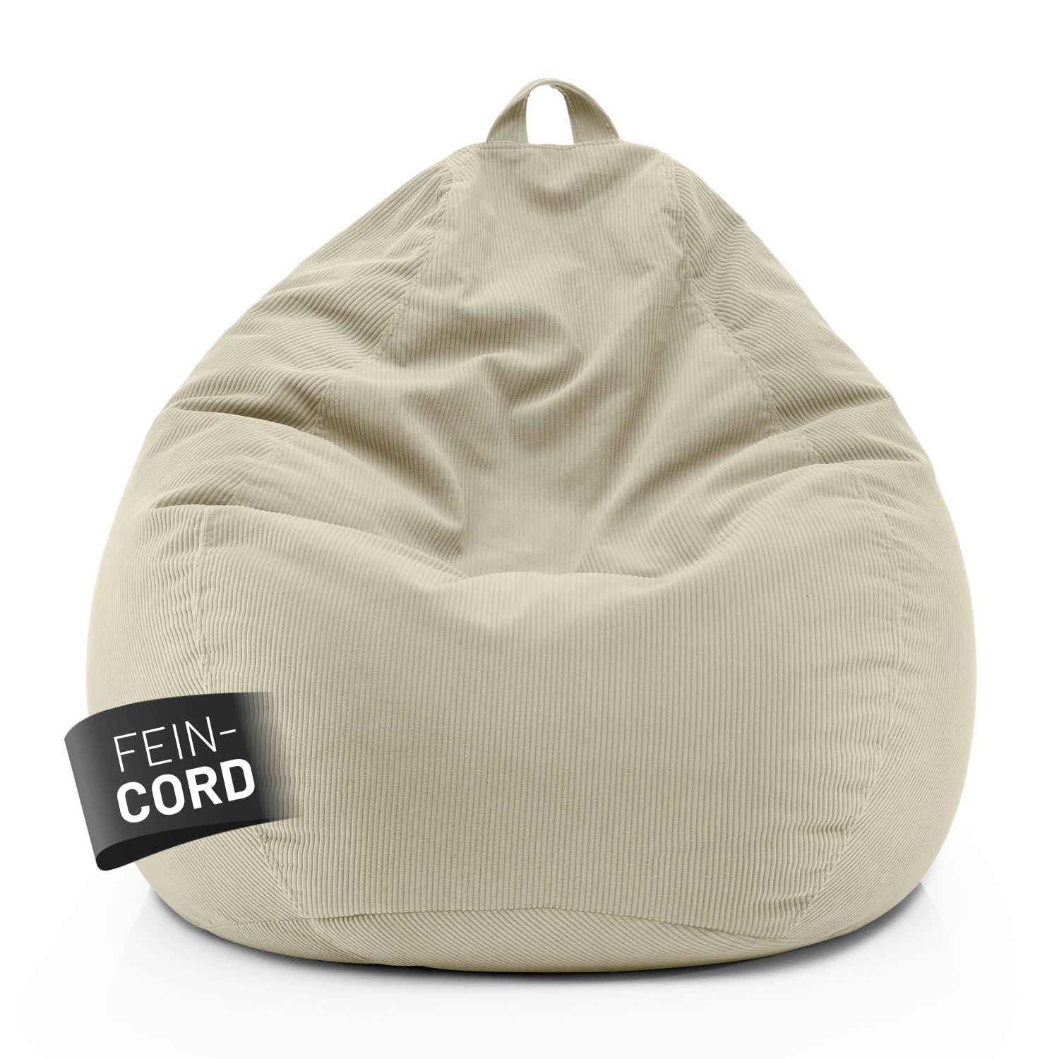 Beiger Comfort Line Sitzsack aus Feincord mit Trageschlaufe vor weißem Hintergrund, Label „Fein-Cord“ sichtbar auf der Vorderseite.