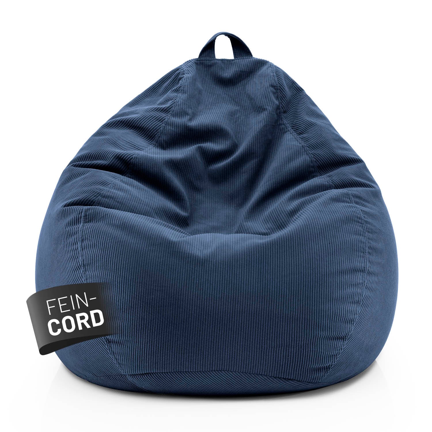 Dunkelblauer Comfort Line Sitzsack aus Feincord mit Trageschlaufe vor weißem Hintergrund, Label „Fein-Cord“ sichtbar auf der Vorderseite.