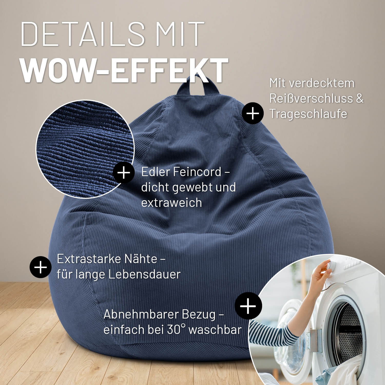 Dunkelblauer Feincord-Sitzsack mit Detailhinweisen: "Dicht gewebt", "starke Nähte", "abnehmbarer waschbarer Bezug", "verdeckter Reißverschluss" und "Trageschlaufe".