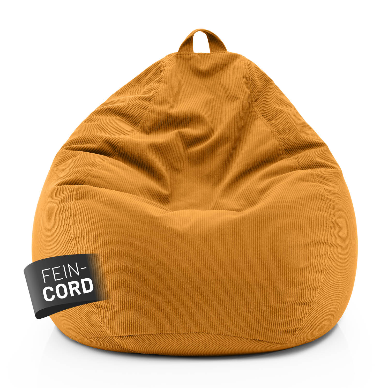 Senfgelber Comfort Line Sitzsack aus Feincord mit Trageschlaufe vor weißem Hintergrund, Label „Fein-Cord“ sichtbar auf der Vorderseite.