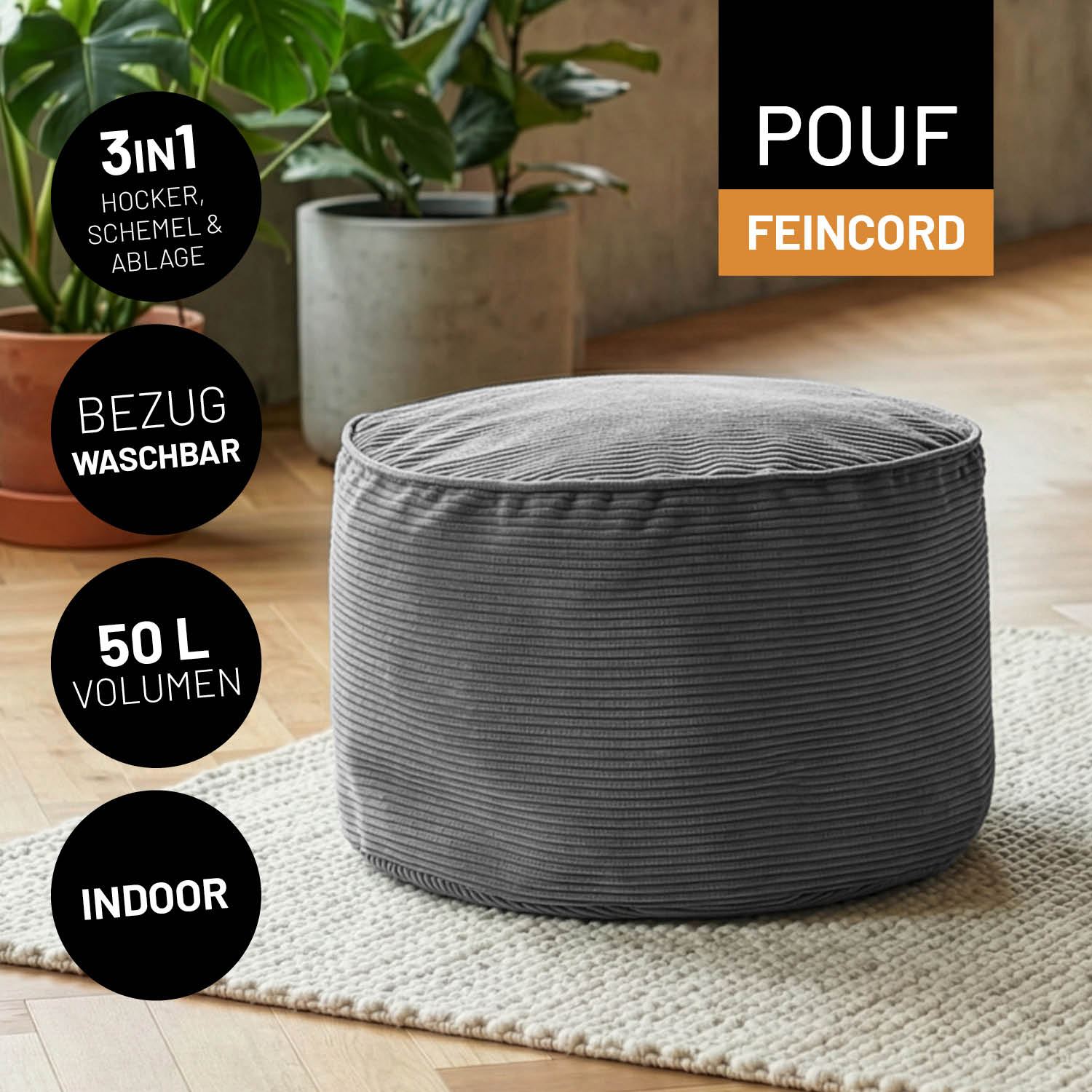 Grauer Feincord-Pouf im Wohnraum auf Teppich, mit Icons zu waschbarem Bezug, 3-in-1 Funktion, 50 L Volumen und Indoor-Nutzung