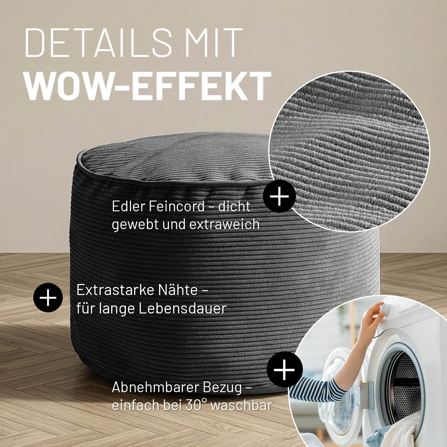 Grauer Feincord-Pouf mit Detailansichten zu Stoffstruktur, robusten Nähten und abnehmbarem, waschbarem Bezug auf Holzfußboden.