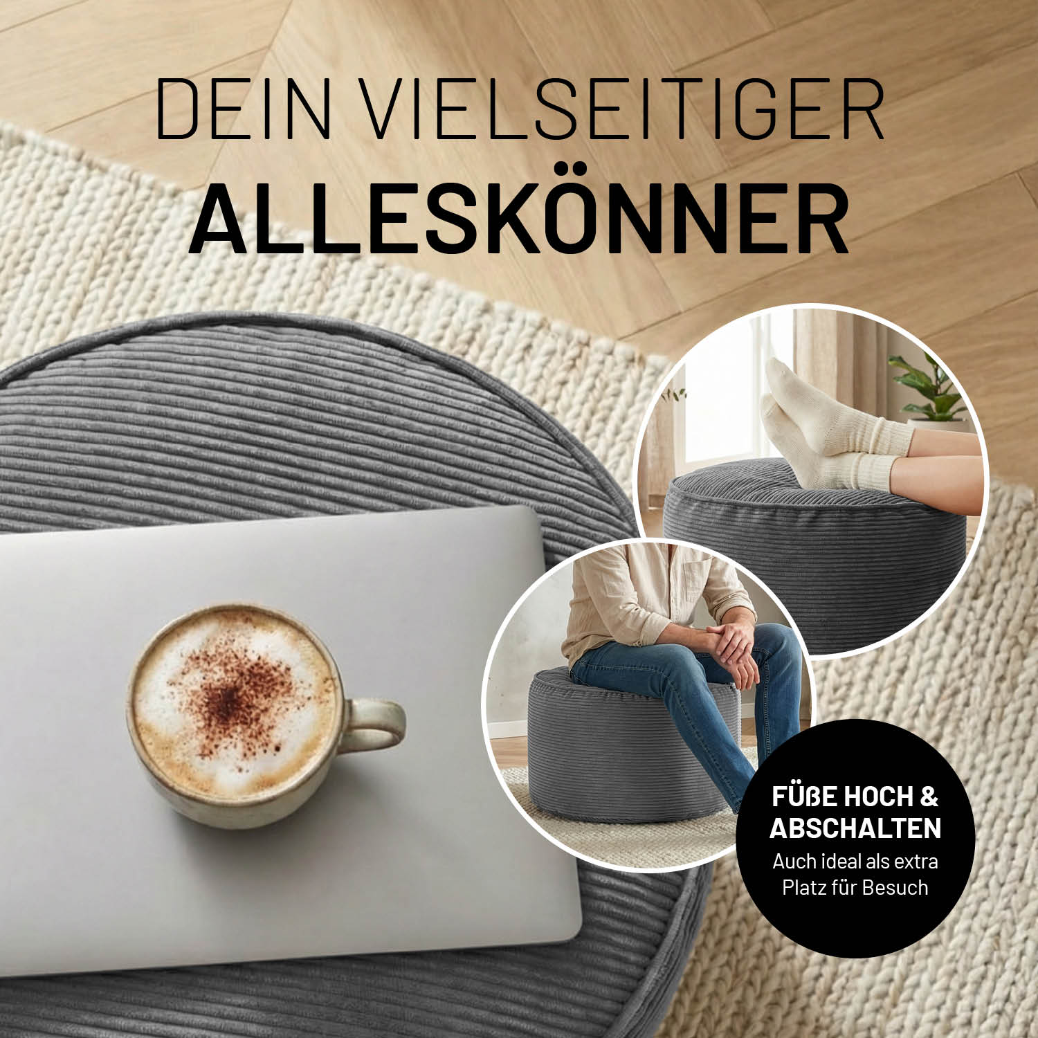 Grauer Feincord-Pouf als vielseitiger Alleskönner, genutzt als Ablage mit Tablett, Sitzgelegenheit und Fußstütze im Wohnbereich.