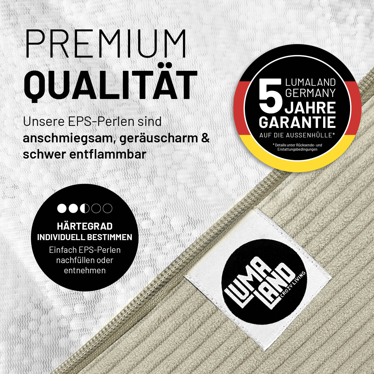 Detailaufnahme eines Feincord-Sitzsacks mit Reißverschluss und Label, ergänzt durch Infos zu EPS-Perlen zur individuellen Bestimmung des Härtegrads sowie 5 Jahren Garantie auf die Außenhülle.