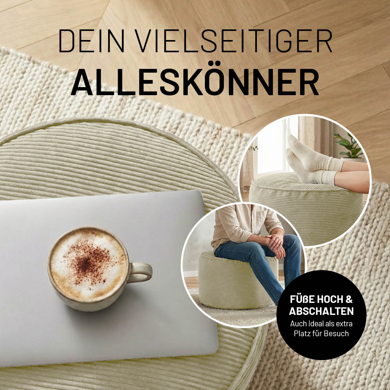 Beiger Feincord-Pouf als vielseitiger Alleskönner, genutzt als Ablage mit Tablett, Sitzgelegenheit und Fußstütze im Wohnbereich.