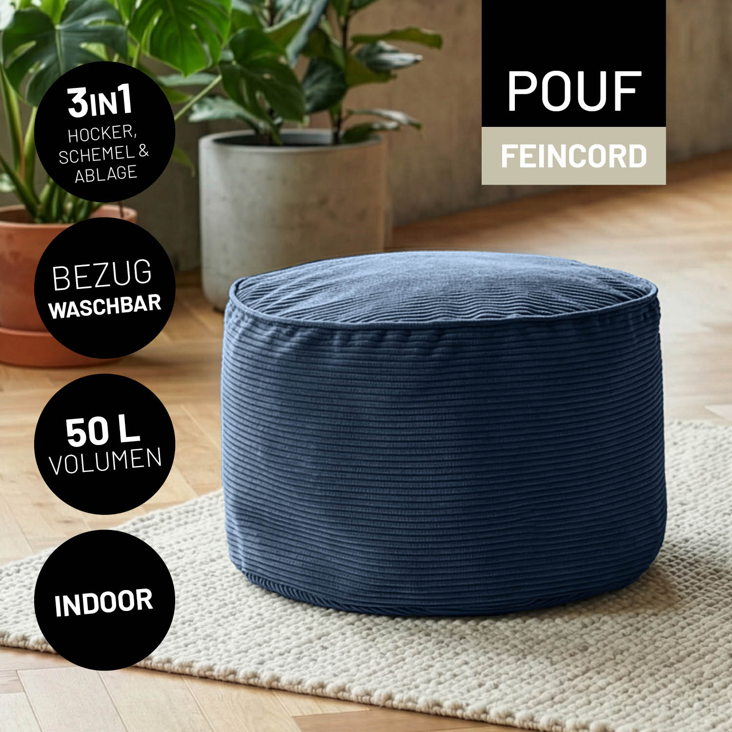 Navyblauer Feincord-Pouf im Wohnraum auf Teppich, mit Icons zu waschbarem Bezug, 3-in-1 Funktion, 50 L Volumen und Indoor-Nutzung