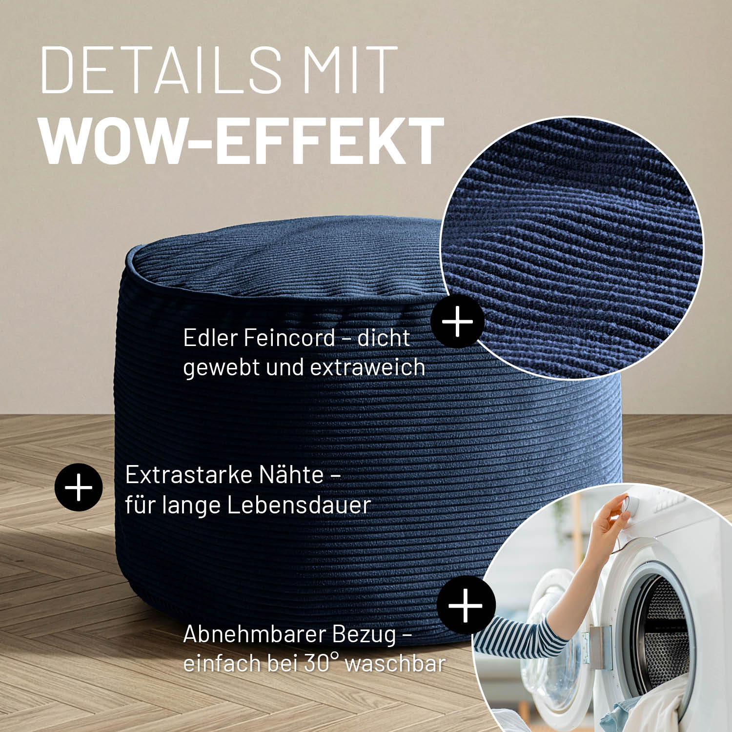 Dunkelblauer Feincord-Pouf mit Detailansichten zu Stoffstruktur, robusten Nähten und abnehmbarem, waschbarem Bezug auf Holzfußboden.