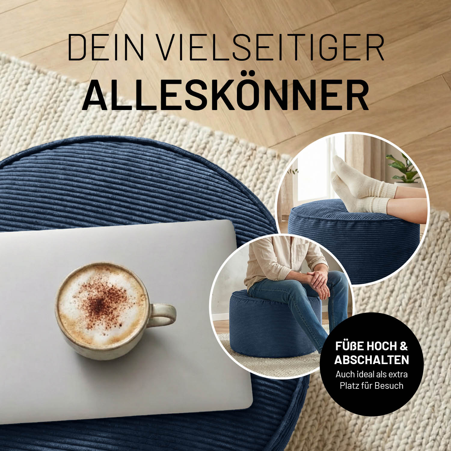 Dunkelblauer Feincord-Pouf als vielseitiger Alleskönner, genutzt als Ablage mit Tablett, Sitzgelegenheit und Fußstütze im Wohnbereich.