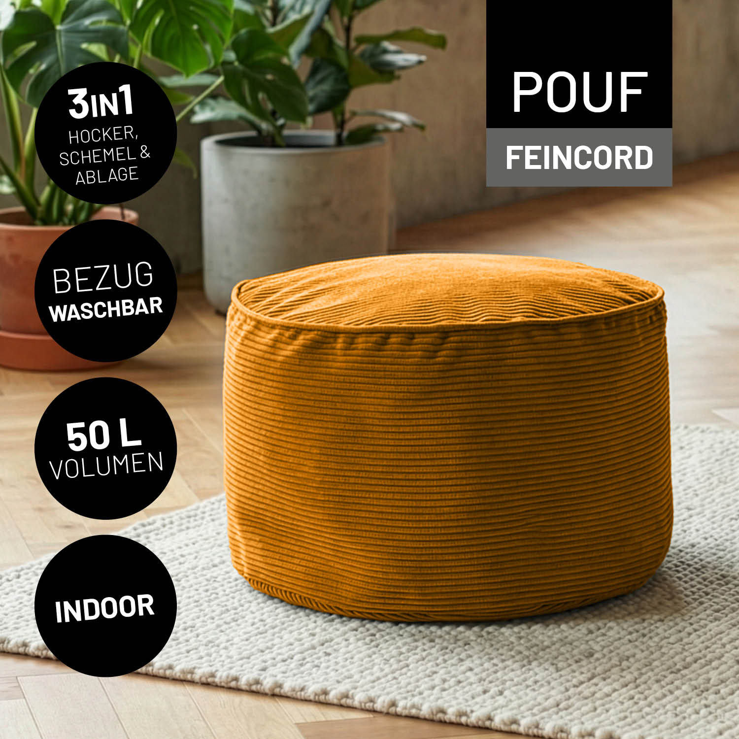 Senfgelber Feincord-Pouf im Wohnraum auf Teppich, mit Icons zu waschbarem Bezug, 3-in-1 Funktion, 50 L Volumen und Indoor-Nutzung